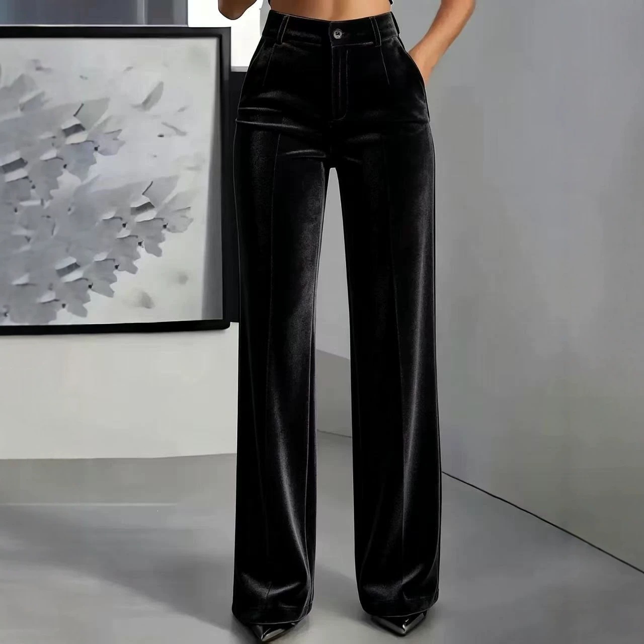 Women High Waist Velvet Wide Leg Pants Elegant Solid Color Straight Trousers Casual Office