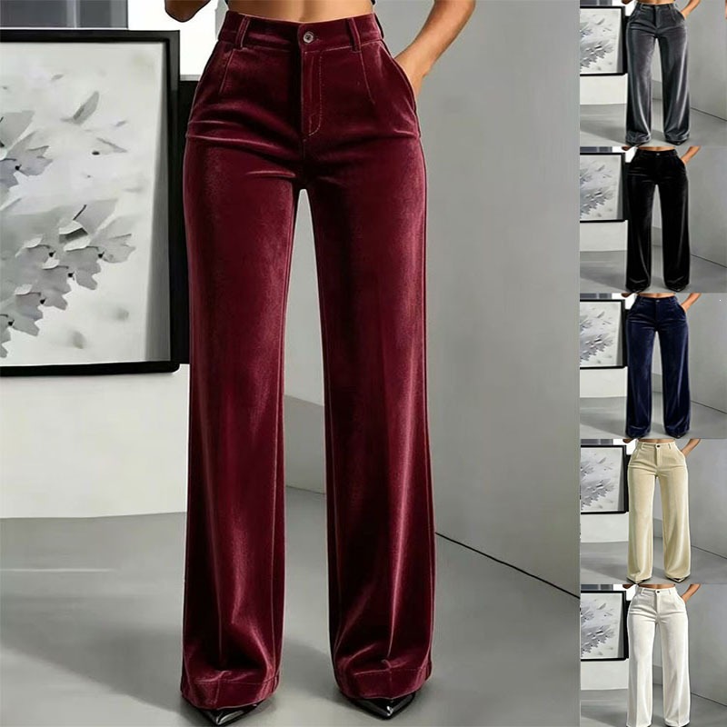 Women High Waist Velvet Wide Leg Pants Elegant Solid Color Straight Trousers Casual Office