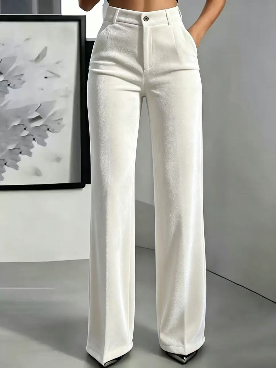 Women High Waist Velvet Wide Leg Pants Elegant Solid Color Straight Trousers Casual Office