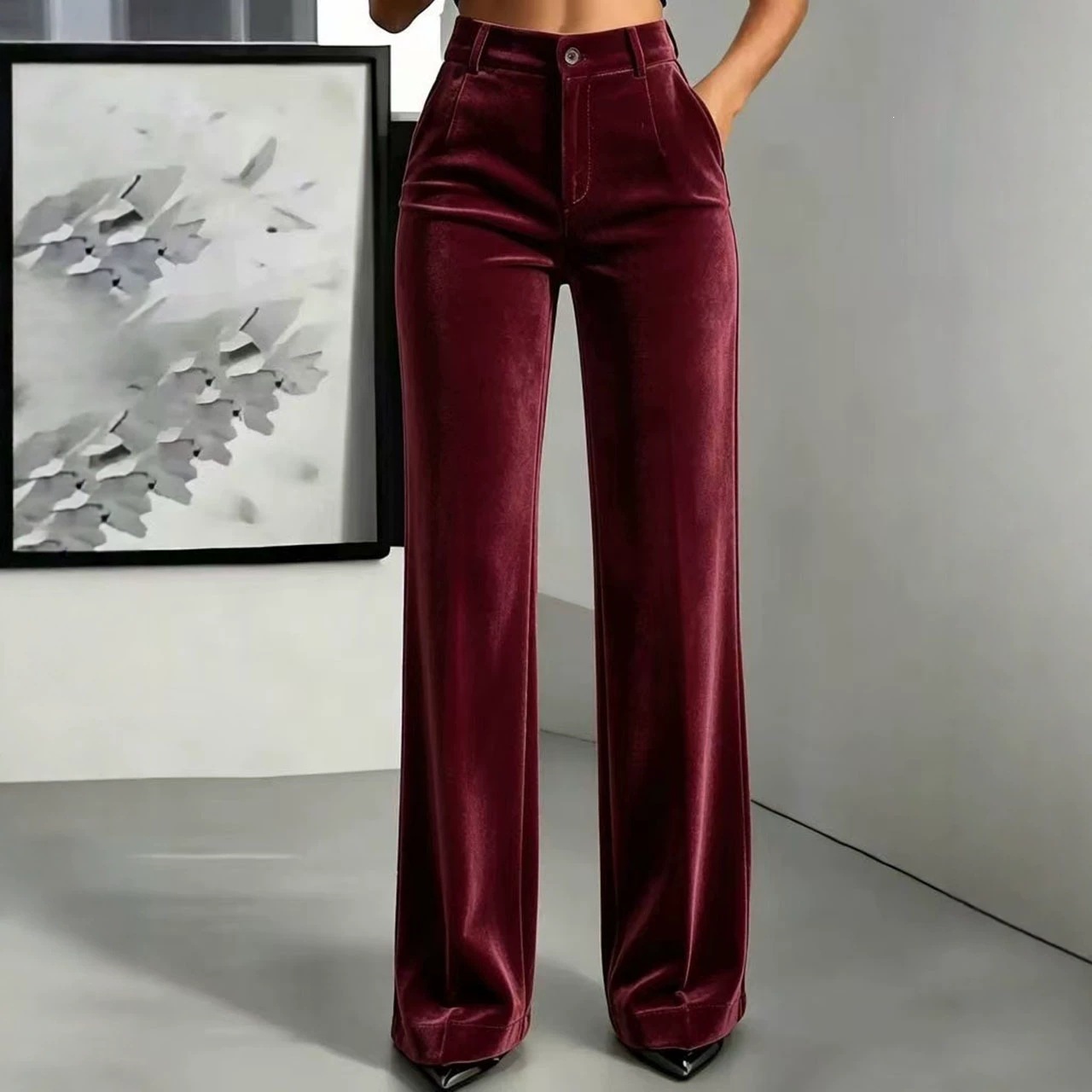 Women High Waist Velvet Wide Leg Pants Elegant Solid Color Straight Trousers Casual Office