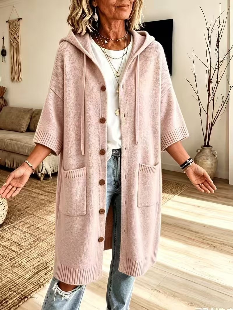 Women Hooded Knit Coat Mid-Length Button Down Cardigan Sleeve Loose Lazy Style Outerwear