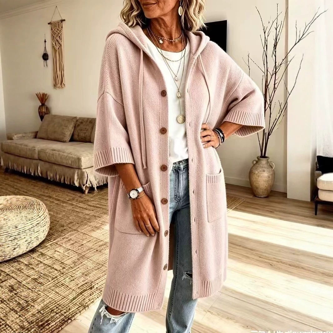 Women Hooded Knit Coat Mid-Length Button Down Cardigan Sleeve Loose Lazy Style Outerwear