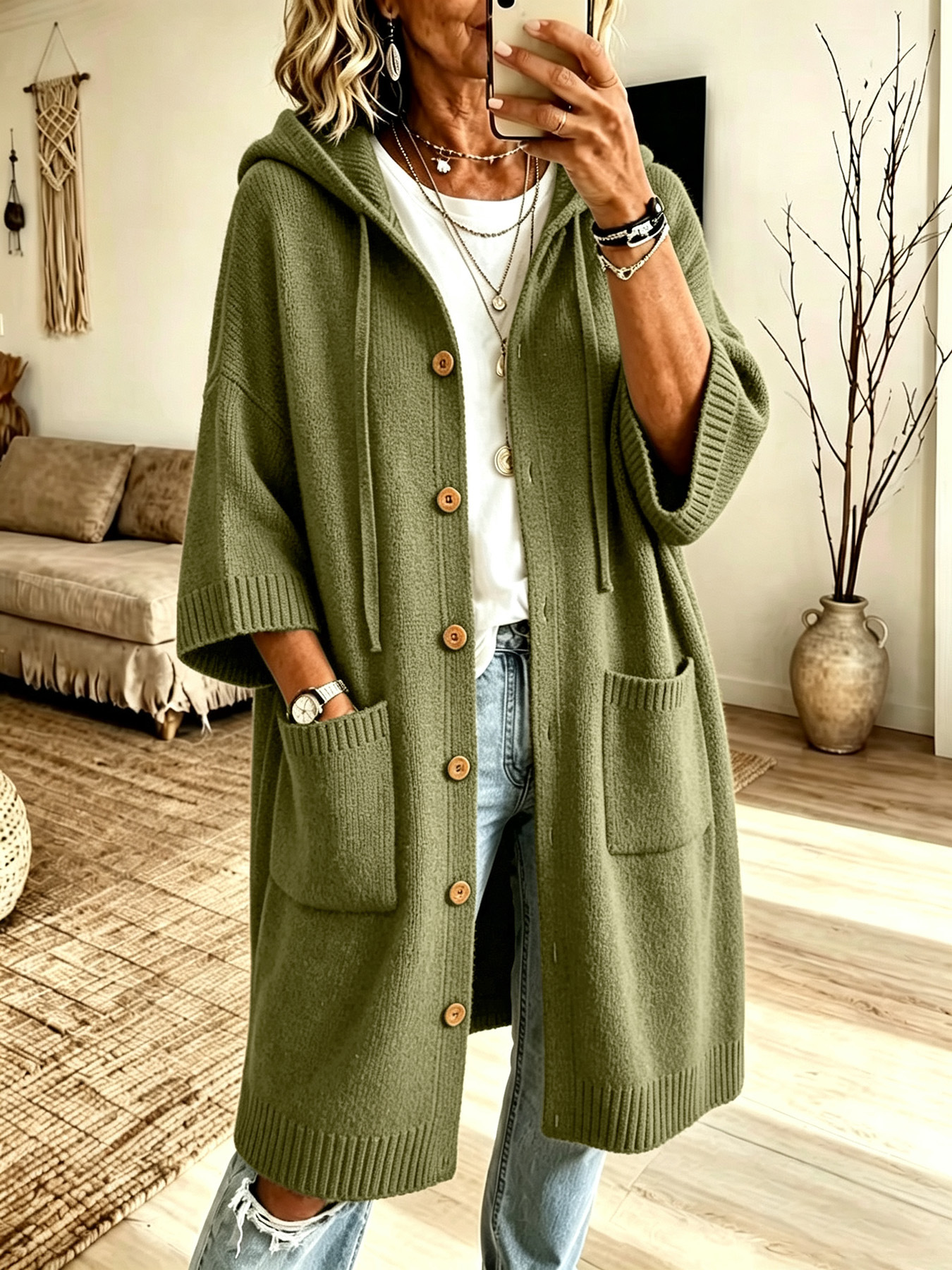 Women Hooded Knit Coat Mid-Length Button Down Cardigan Sleeve Loose Lazy Style Outerwear