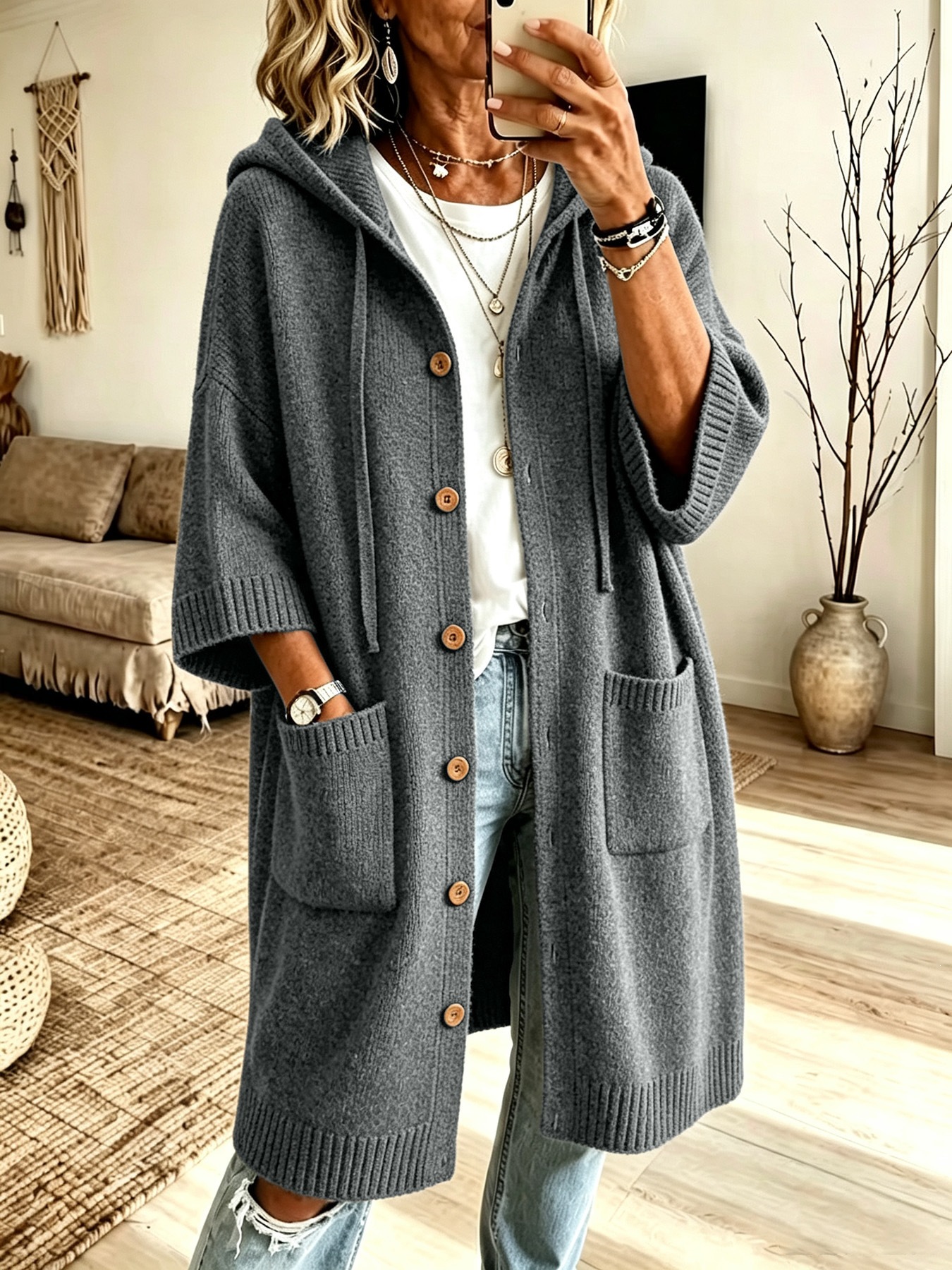 Women Hooded Knit Coat Mid-Length Button Down Cardigan Sleeve Loose Lazy Style Outerwear