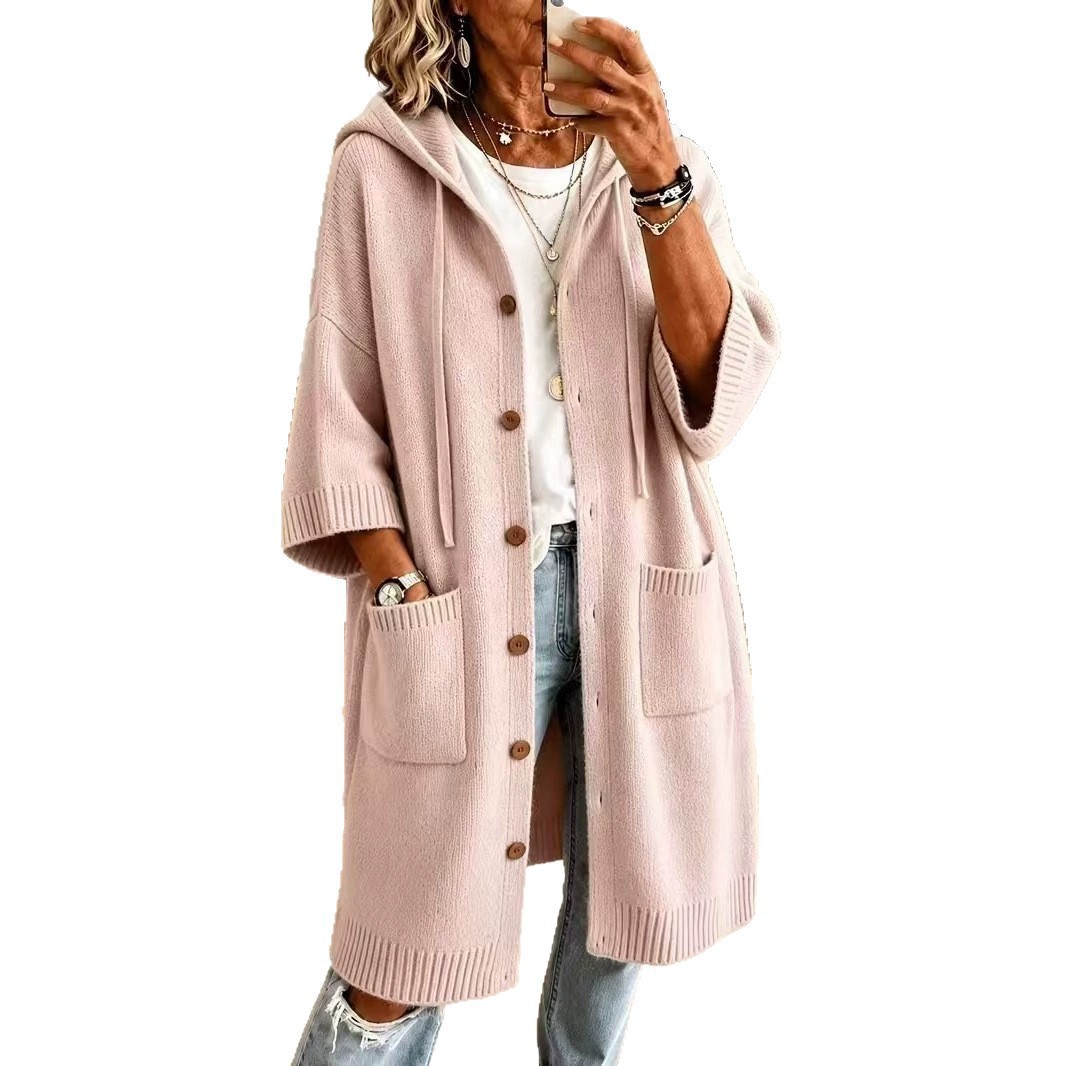 Women Hooded Knit Coat Mid-Length Button Down Cardigan Sleeve Loose Lazy Style Outerwear