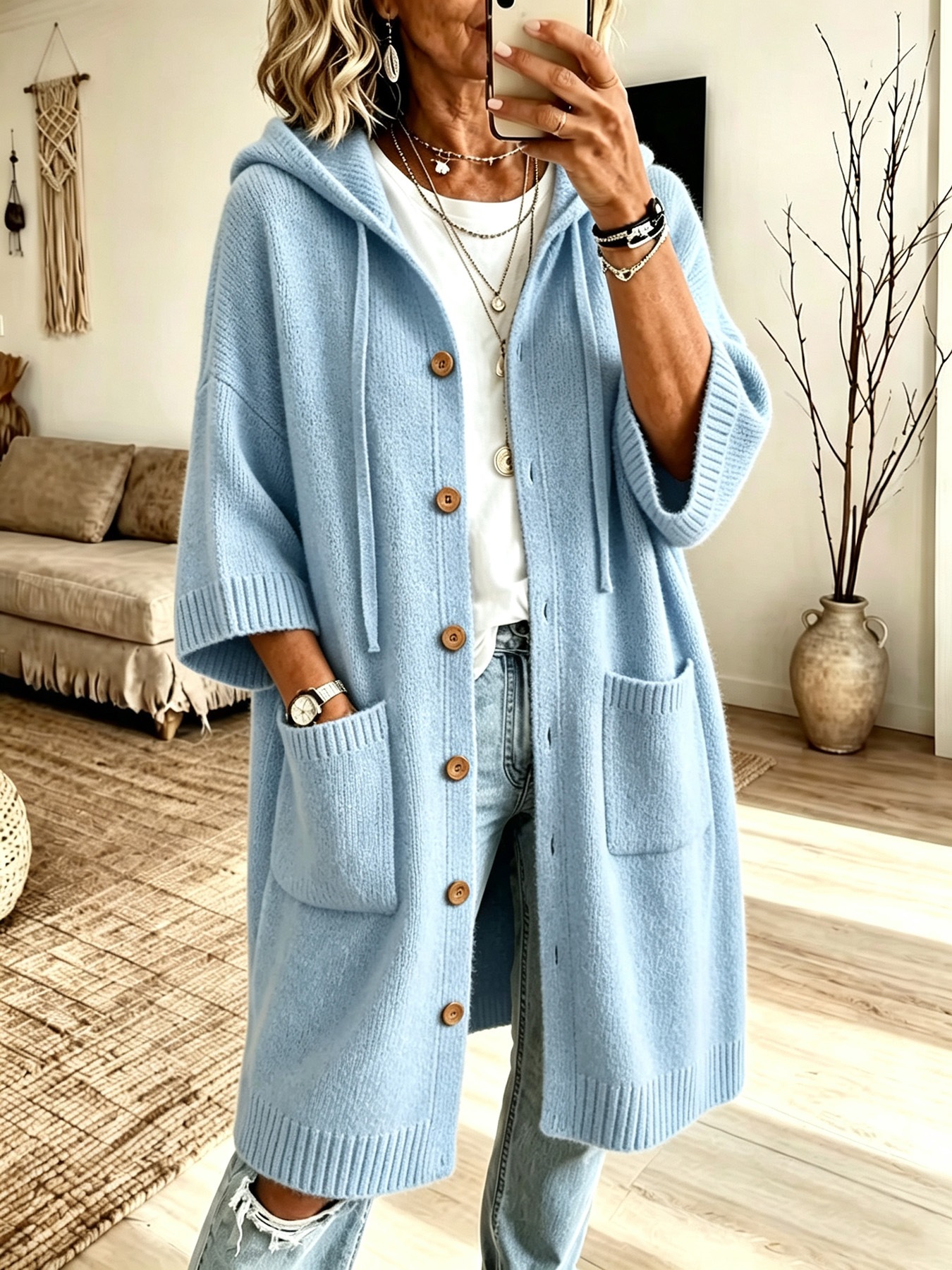 Women Hooded Knit Coat Mid-Length Button Down Cardigan Sleeve Loose Lazy Style Outerwear