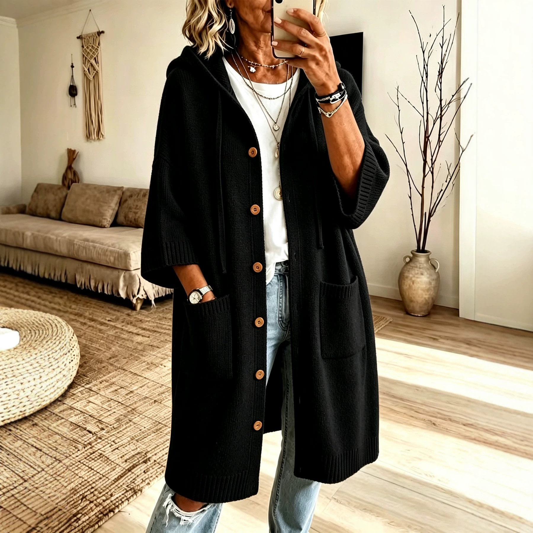 Women Hooded Knit Coat Mid-Length Button Down Cardigan Sleeve Loose Lazy Style Outerwear