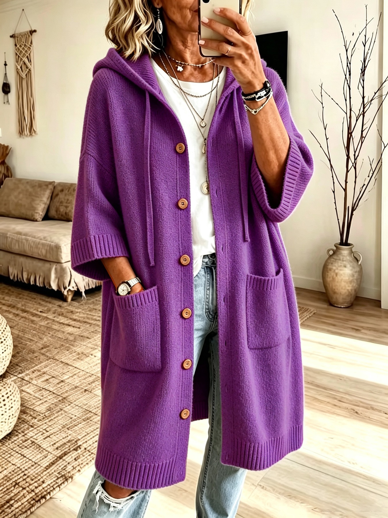 Women Hooded Knit Coat Mid-Length Button Down Cardigan Sleeve Loose Lazy Style Outerwear