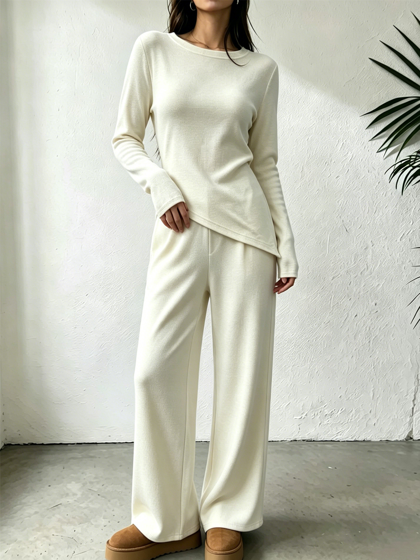 Women Knit 2 Piece Outfit Round Neck Irregular Long Sleeve Top Wide Leg Pants Set