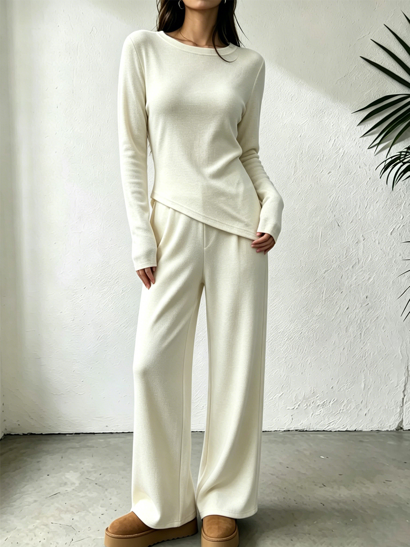Women Knit 2 Piece Outfit Round Neck Irregular Long Sleeve Top Wide Leg Pants Set