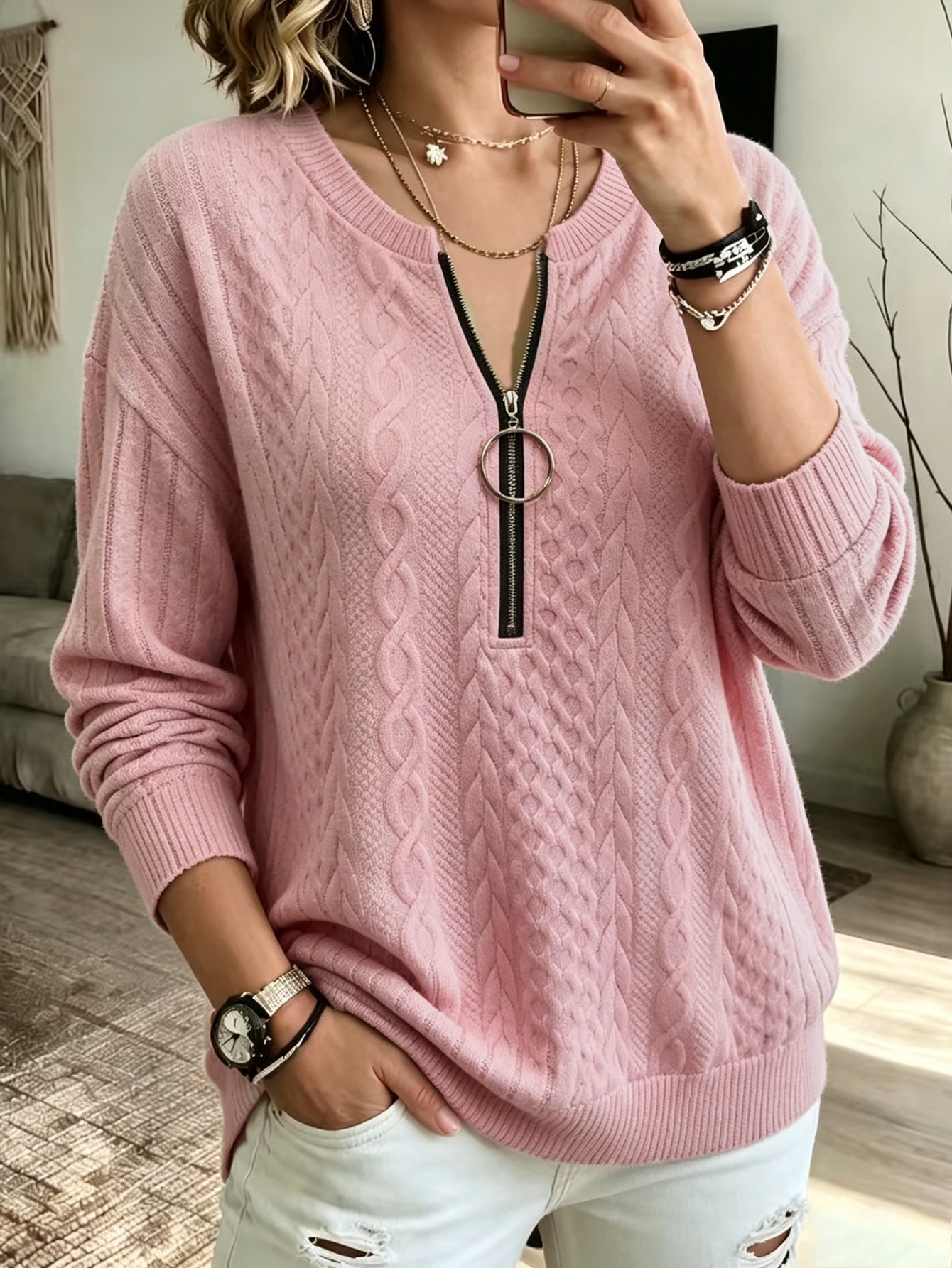 Women Knit Sweater Long Sleeve Loose Fit Half Zip Cable Knit Solid Top