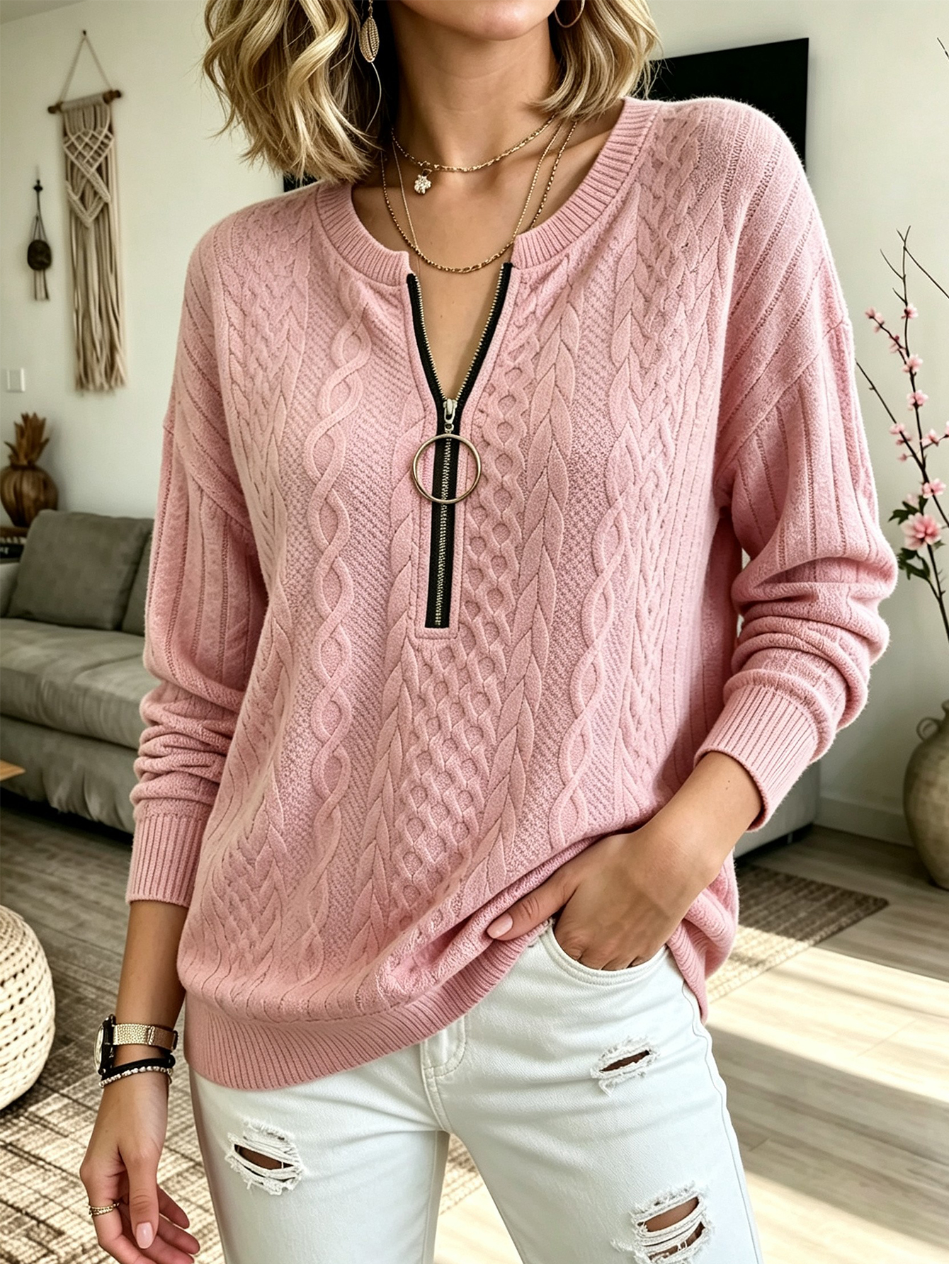 Women Knit Sweater Long Sleeve Loose Fit Half Zip Cable Knit Solid Top