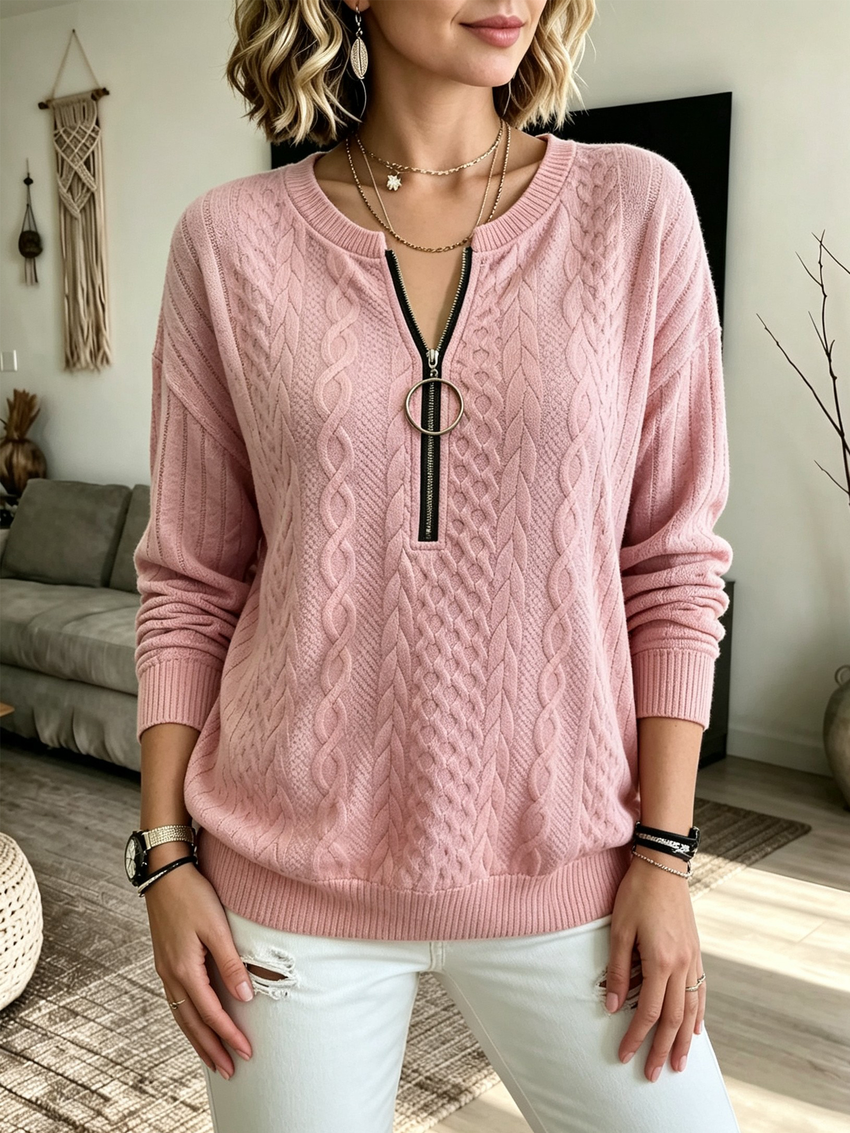 Women Knit Sweater Long Sleeve Loose Fit Half Zip Cable Knit Solid Top