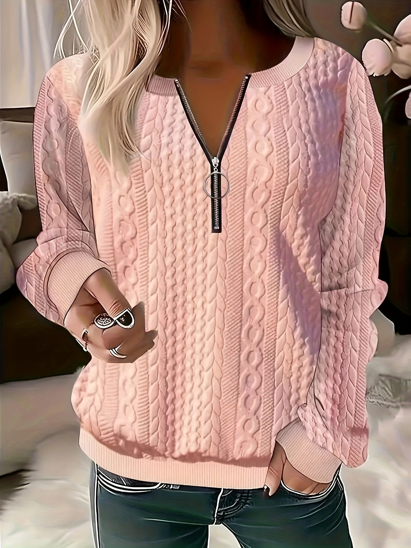 Women Knit Sweater Long Sleeve Loose Fit Half Zip Cable Knit Solid Top