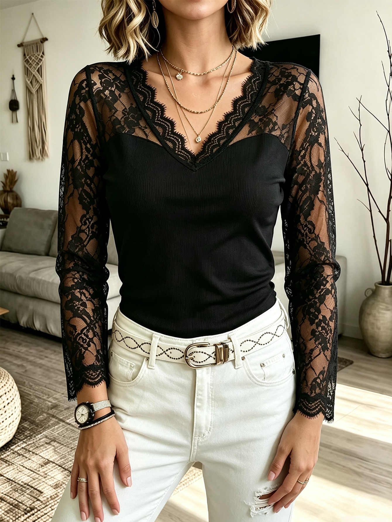 Women Knit Top Long Sleeve V Neck Lace Splice Slim Fit Casual Blouse