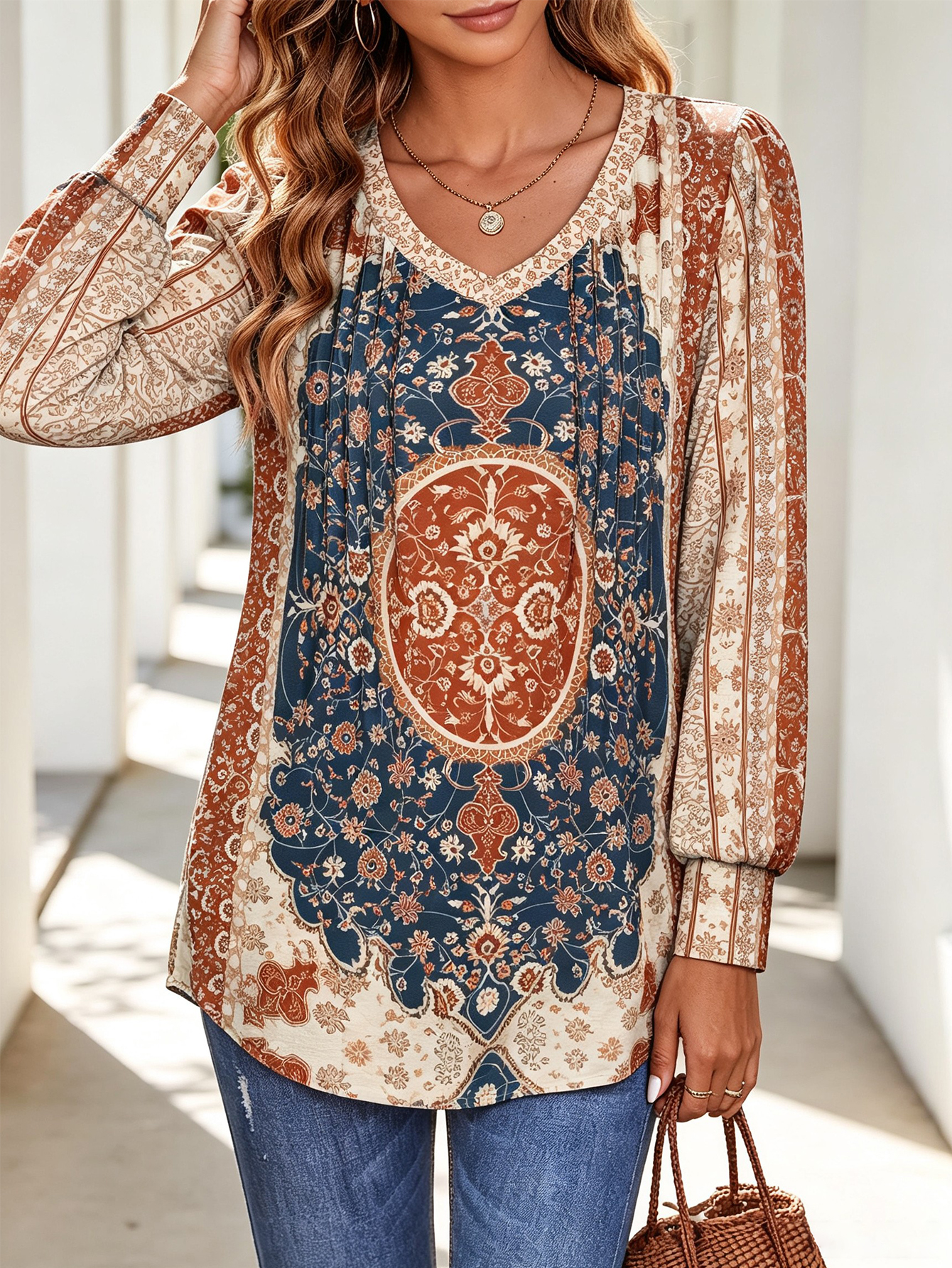Women Knit V Neck Long Sleeve Tunic Top Paisley Print Casual Blouse