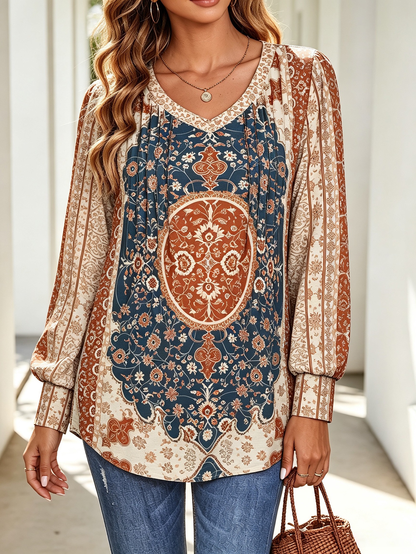 Women Knit V Neck Long Sleeve Tunic Top Paisley Print Casual Blouse