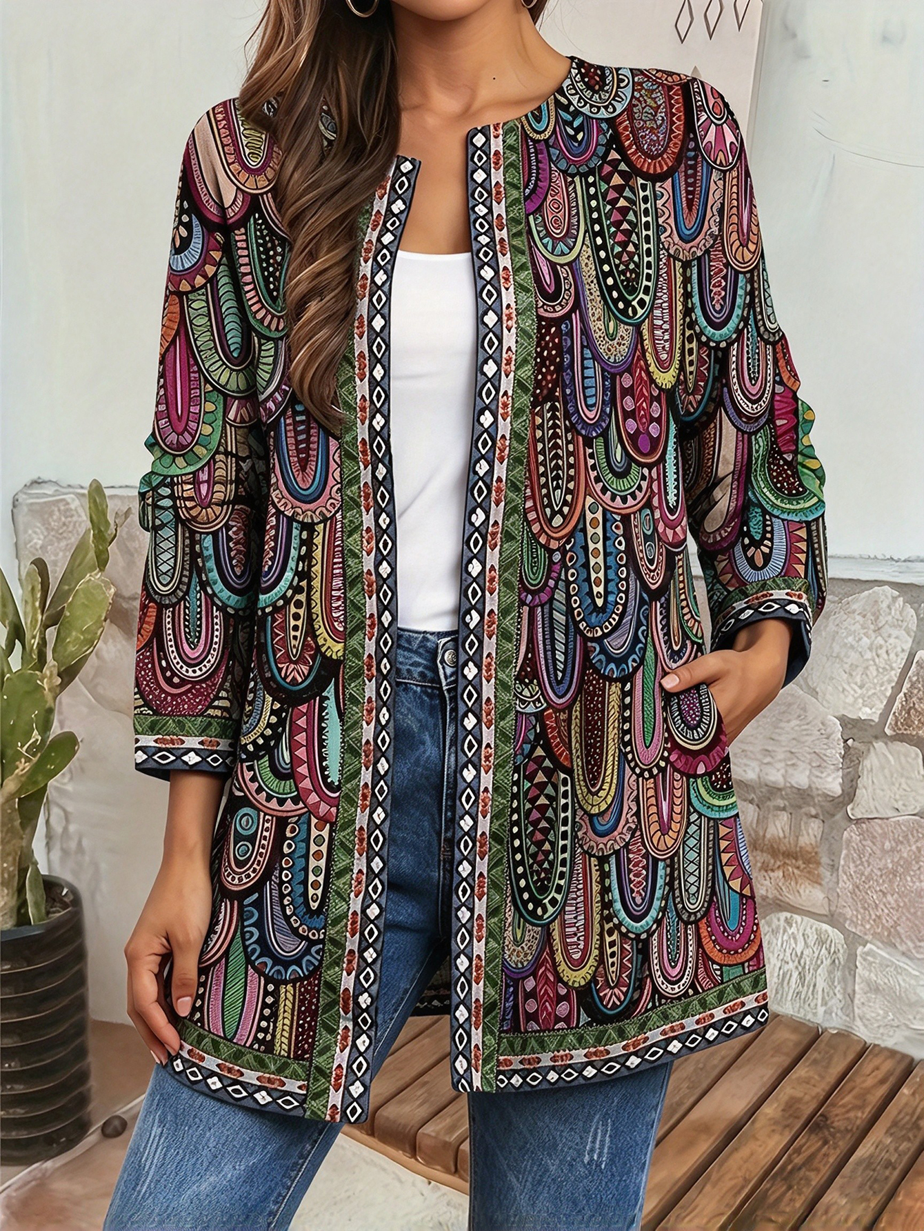 Women Knitted Open Front Coat Long Sleeve Paisley Print Loose Casual Cover Up