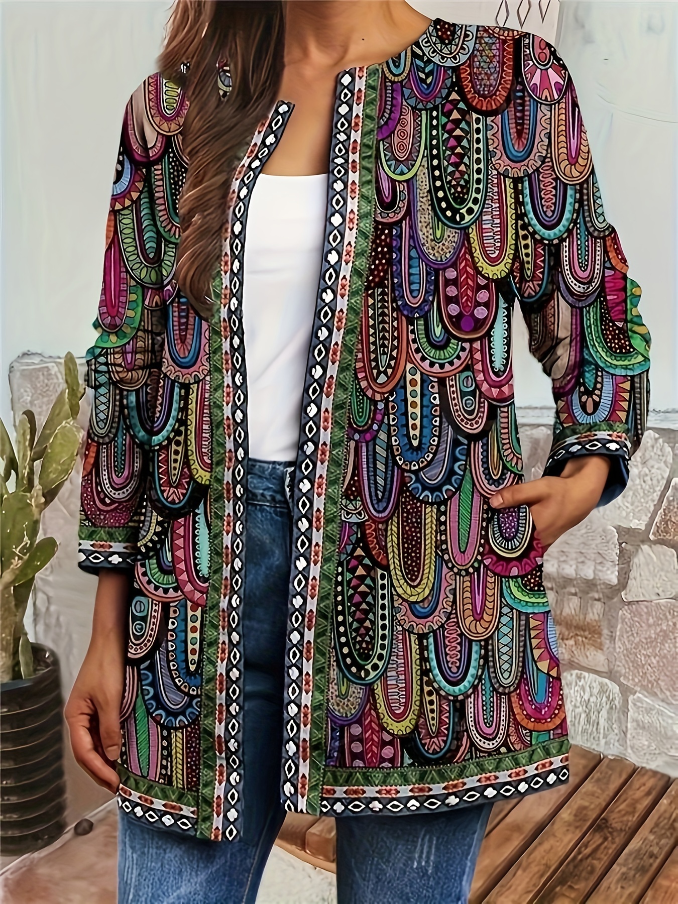 Women Knitted Open Front Coat Long Sleeve Paisley Print Loose Casual Cover Up