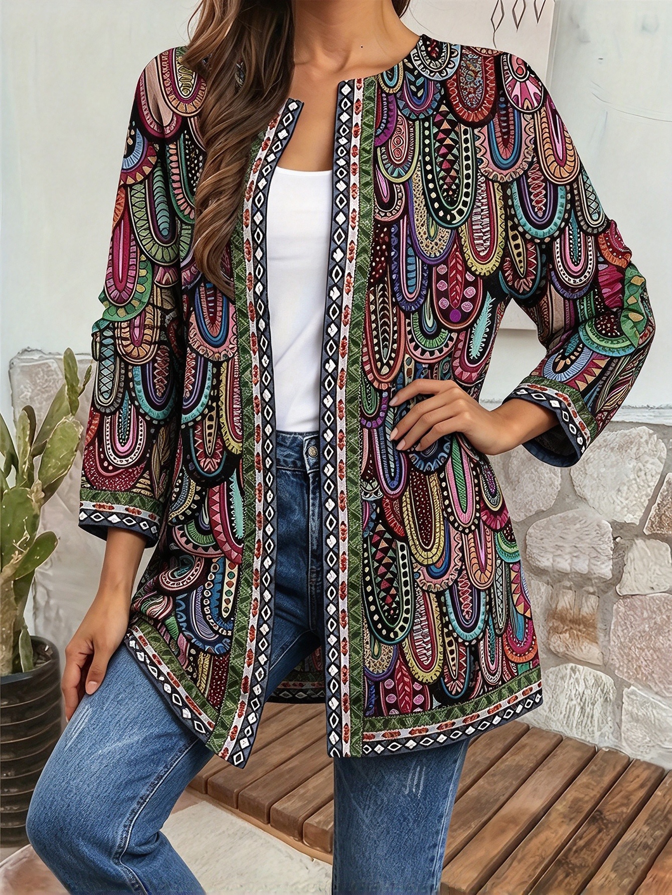 Women Knitted Open Front Coat Long Sleeve Paisley Print Loose Casual Cover Up