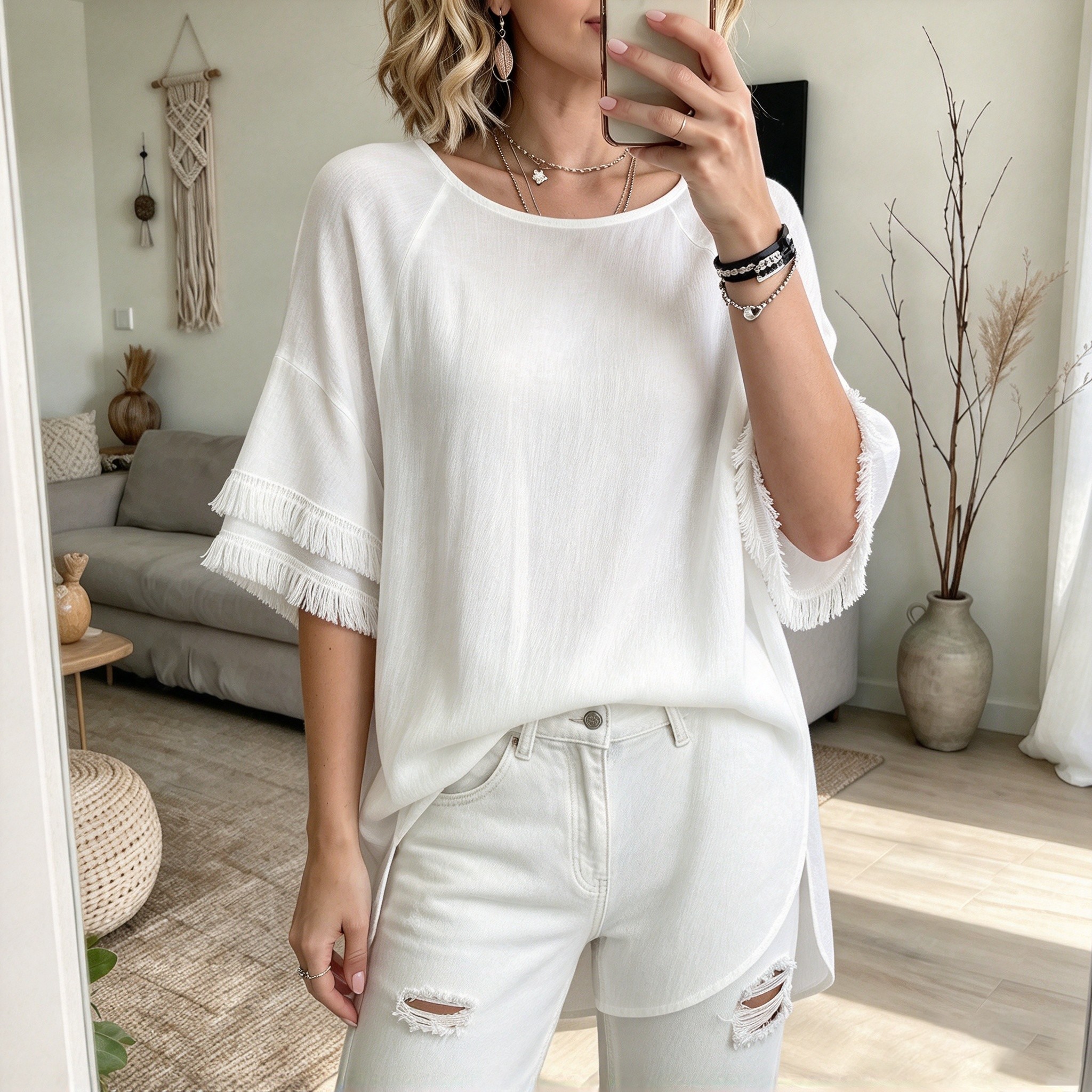 Camicetta casual in tessuto con frange e scollo tondo da donna