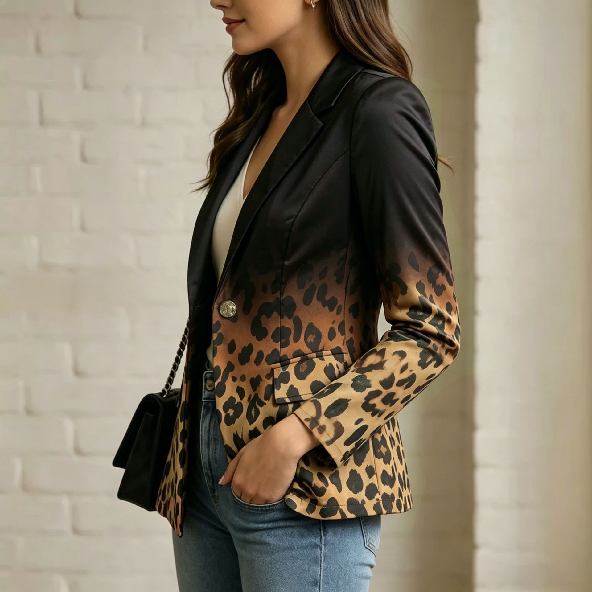 Women's Autumn Blazer With Gradient Leopard Print Long Sleeve Versatile Outerwear