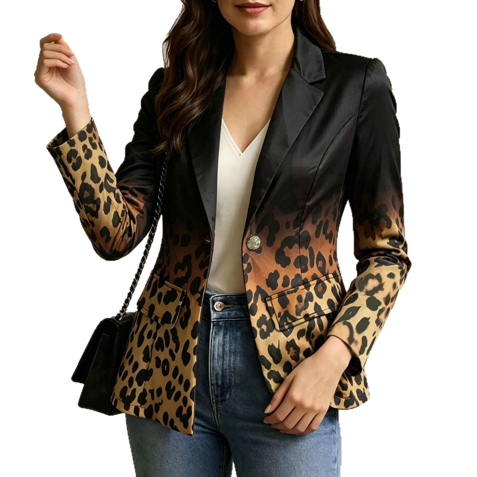 Women's Autumn Blazer With Gradient Leopard Print Long Sleeve Versatile Outerwear