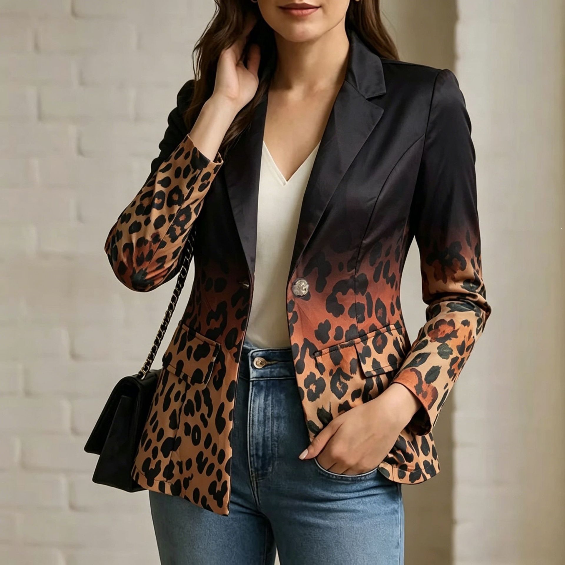 Women's Autumn Blazer With Gradient Leopard Print Long Sleeve Versatile Outerwear