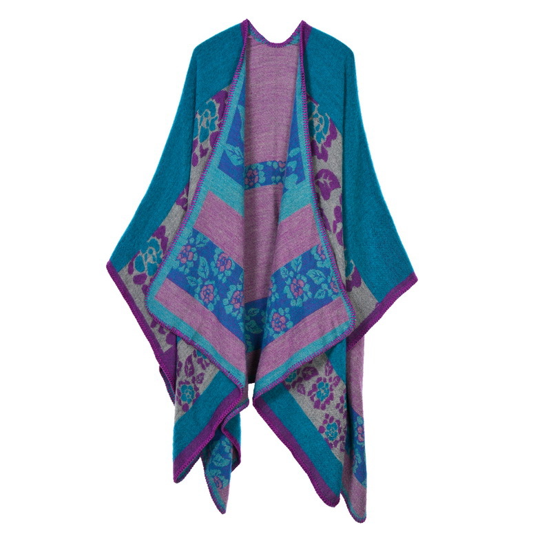 Women's Autumn Winter Thick Small Floral Warm Faux Cashmere Shawl Poncho, Reversible Coat
