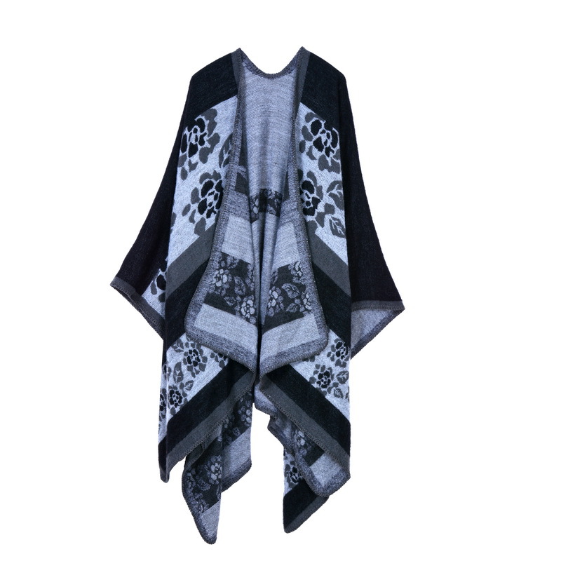 Women's Autumn Winter Thick Small Floral Warm Faux Cashmere Shawl Poncho, Reversible Coat