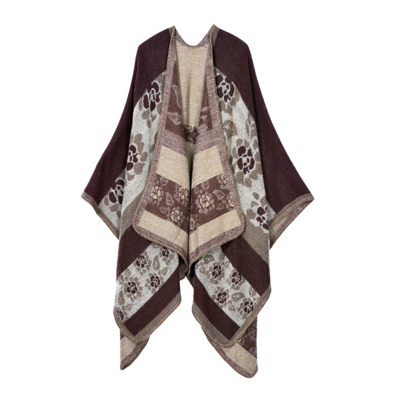 Women's Autumn Winter Thick Small Floral Warm Faux Cashmere Shawl Poncho, Reversible Coat