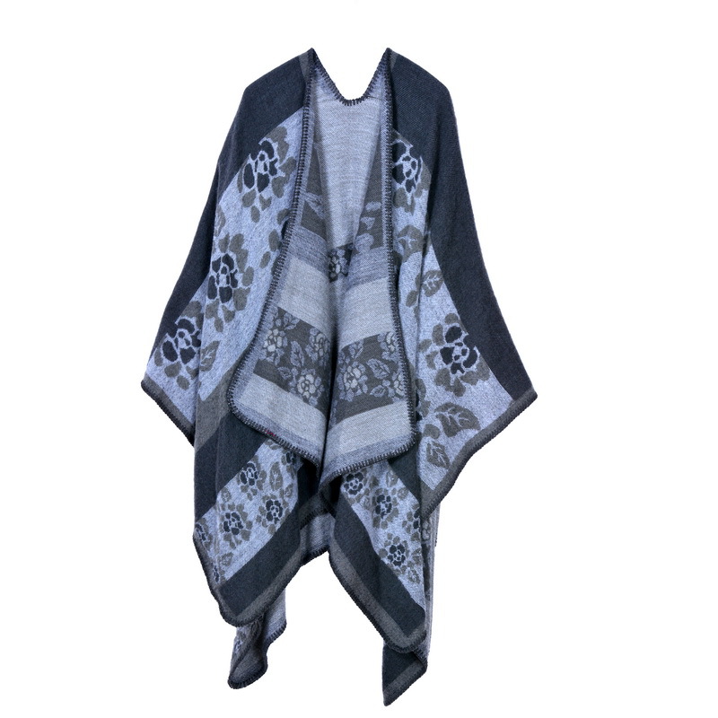 Women's Autumn Winter Thick Small Floral Warm Faux Cashmere Shawl Poncho, Reversible Coat