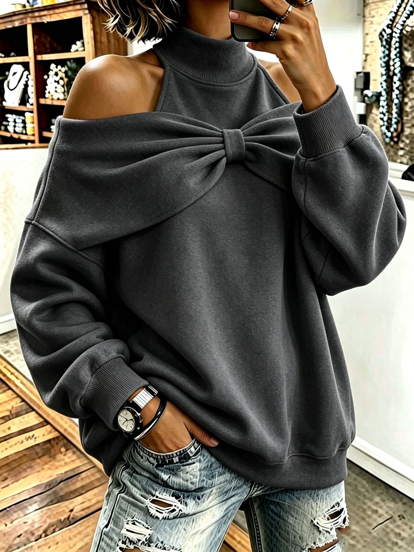Women's Bow-neck Long-sleeve Loose-fitting Top