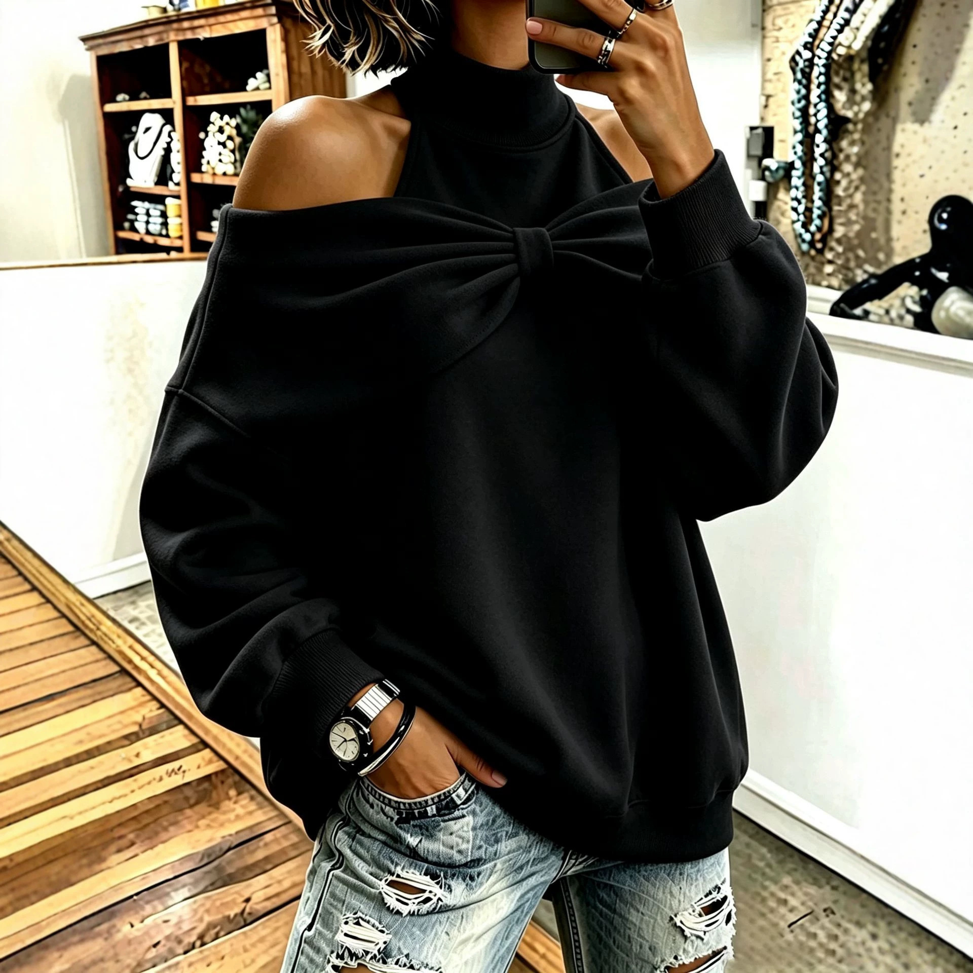 Women's Bow-neck Long-sleeve Loose-fitting Top