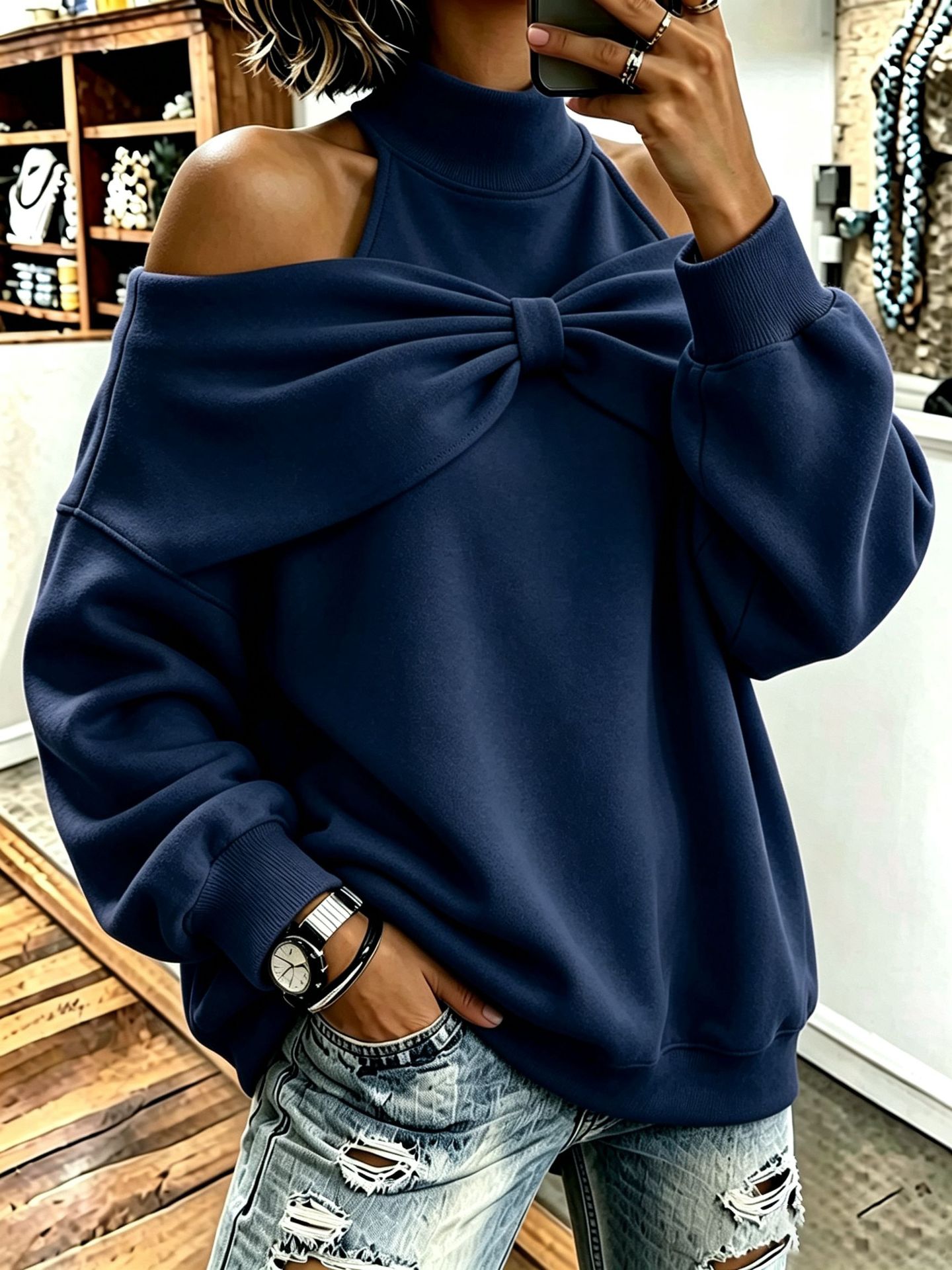 Women's Bow-neck Long-sleeve Loose-fitting Top