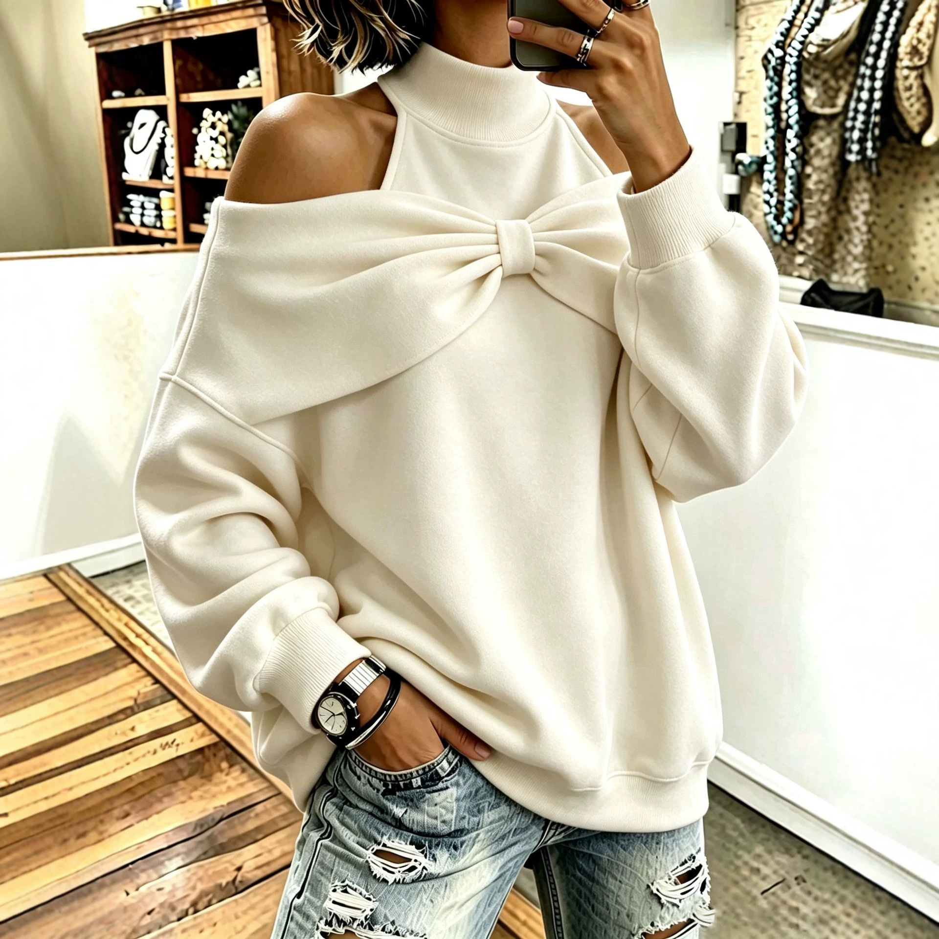 Women's Bow-neck Long-sleeve Loose-fitting Top