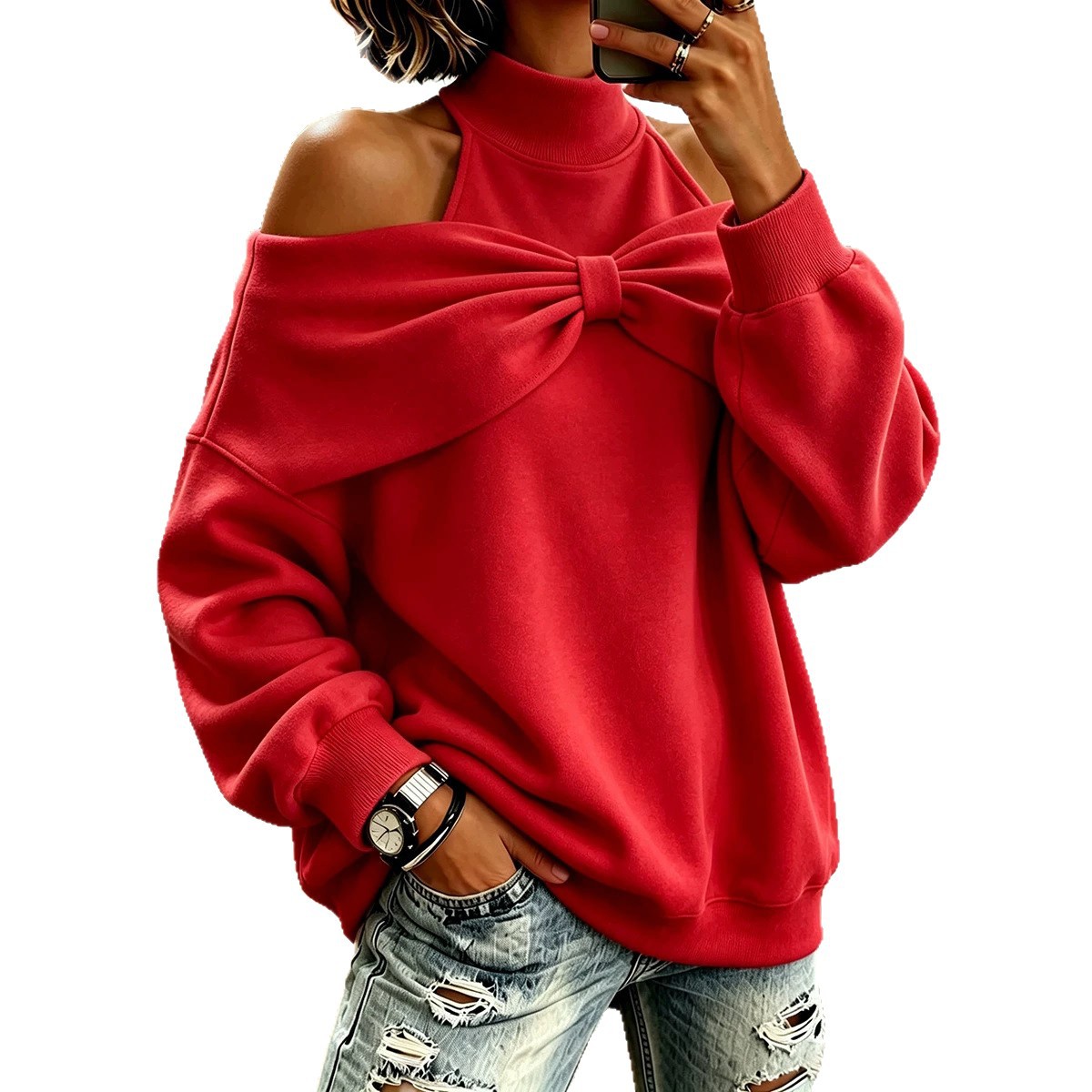 Women's Bow-neck Long-sleeve Loose-fitting Top