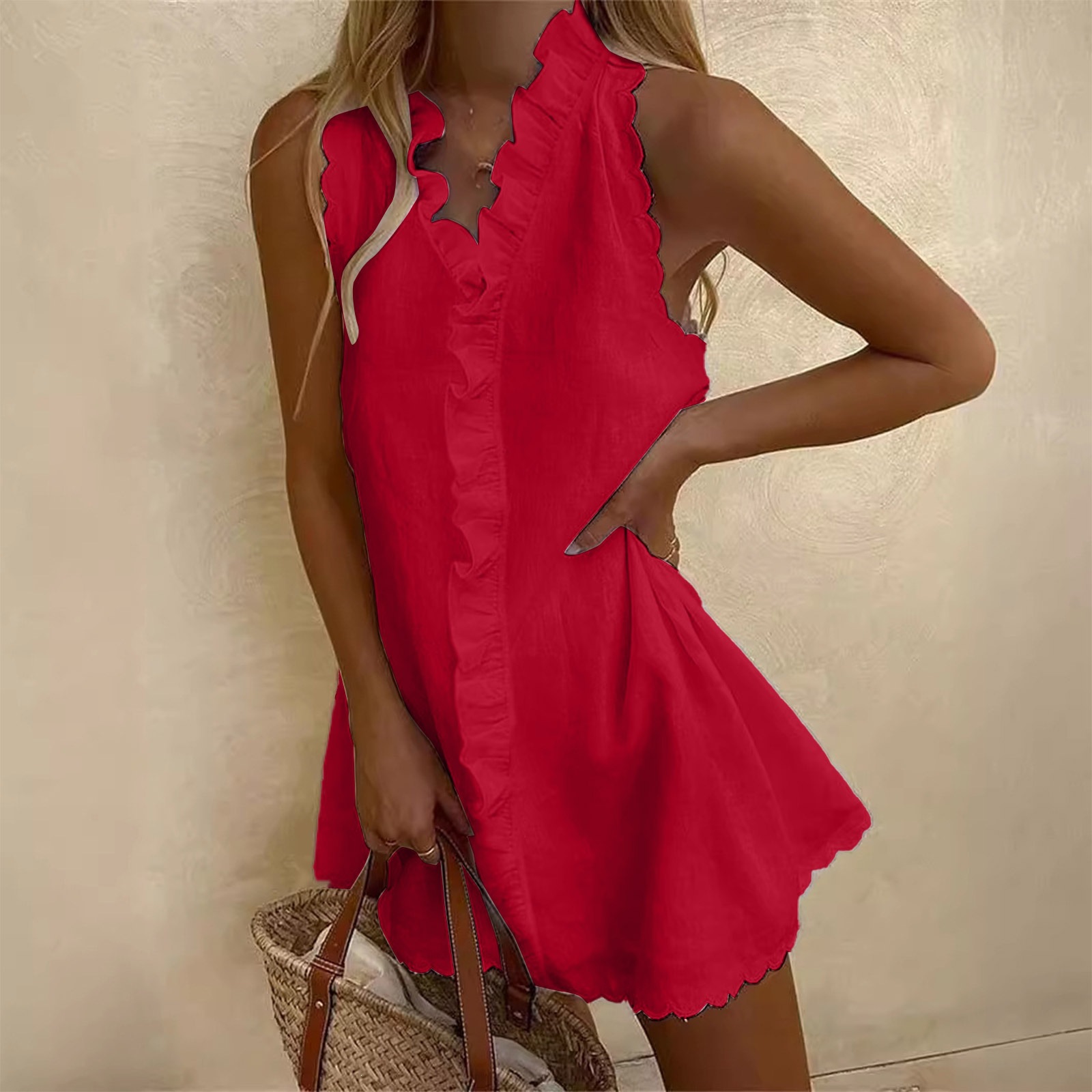 Women's Casual Cotton Linen Dress Solid Color Embroidered Ruffle Hem European American