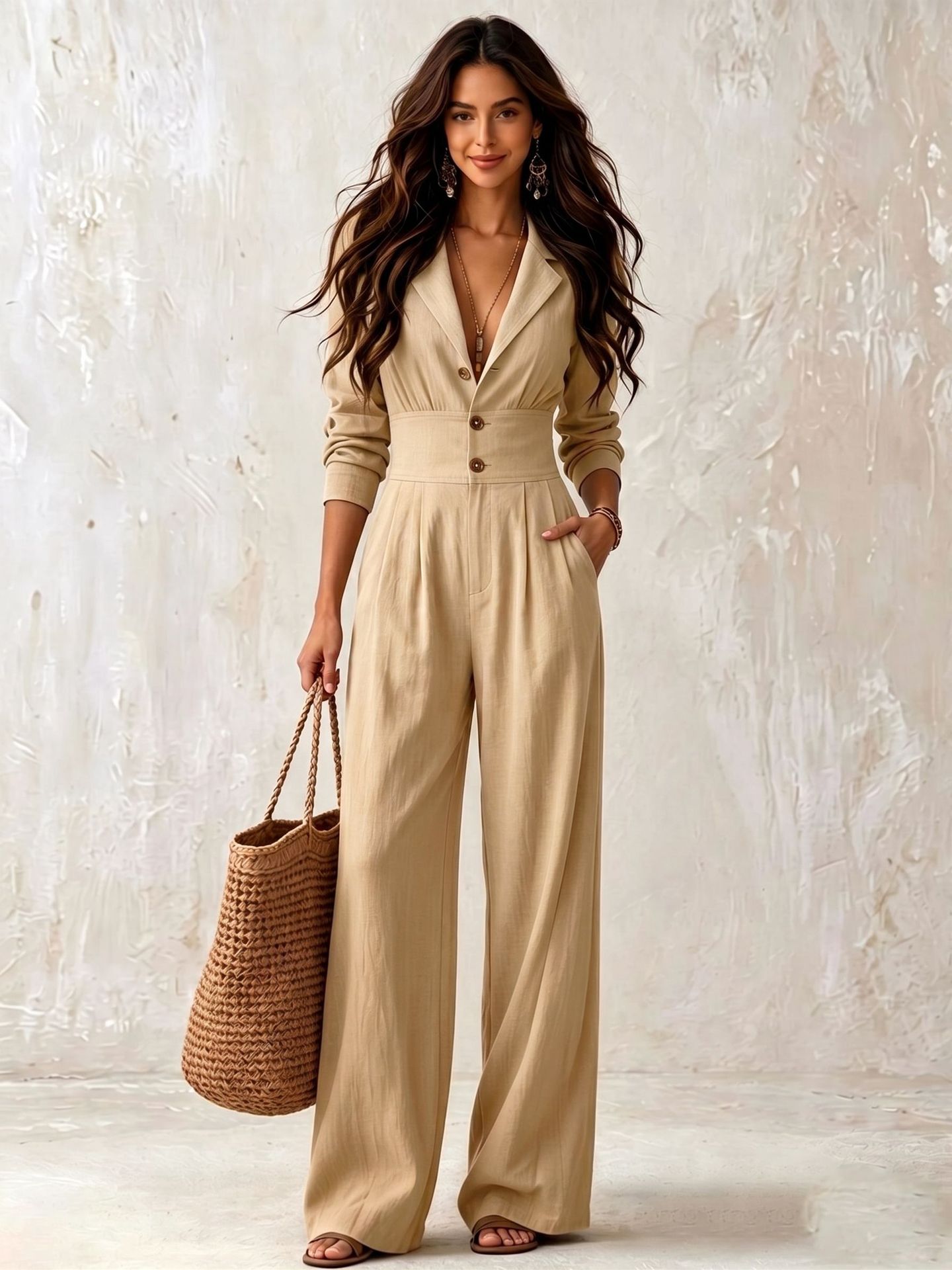 Women's Casual Elegant Button-Zip V-Neck Jumpsuit