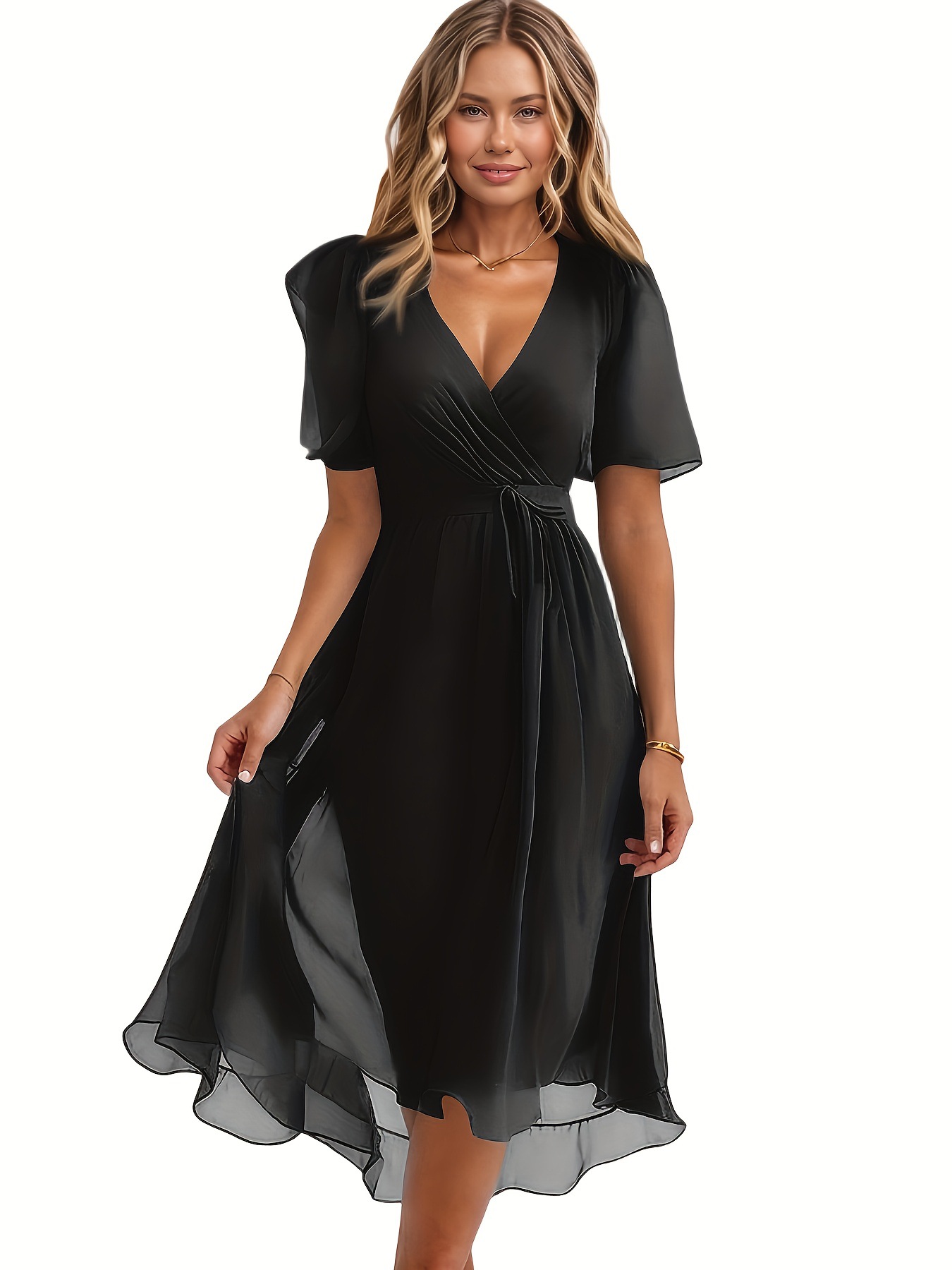 Women's Casual Fashion Solid Color V Neck Waist Lace-Up A-Line Zipper Dress European And