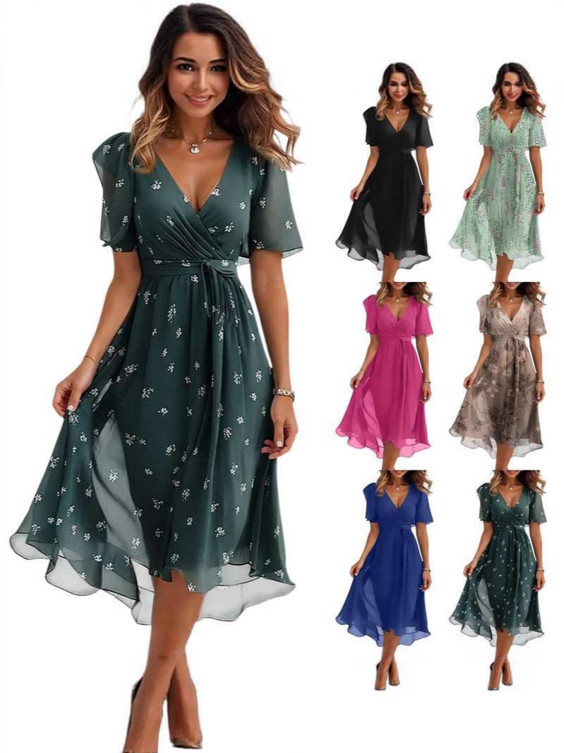Women's Casual Fashion Solid Color V Neck Waist Lace-Up A-Line Zipper Dress European And