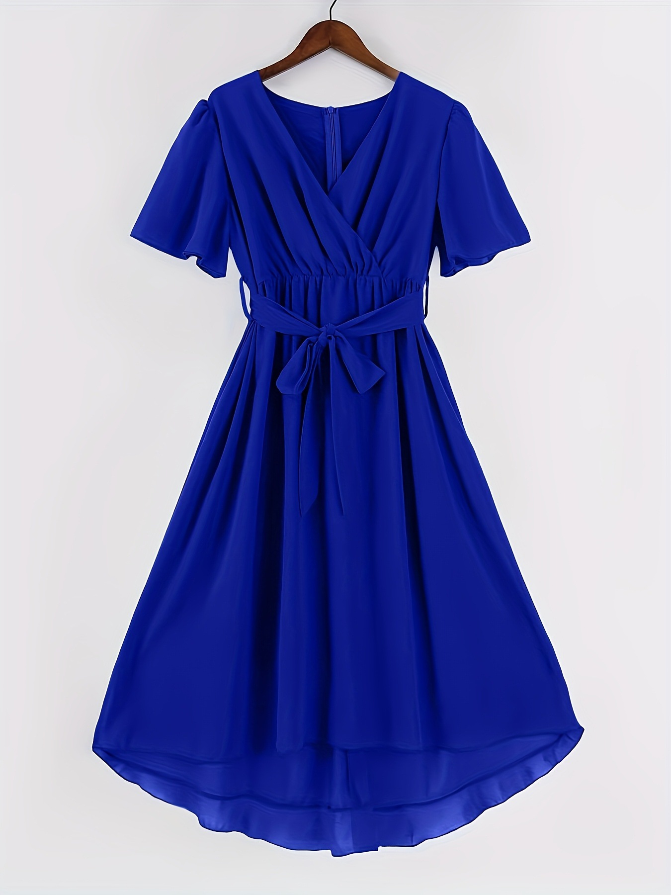 Women's Casual Fashion Solid Color V Neck Waist Lace-Up A-Line Zipper Dress European And