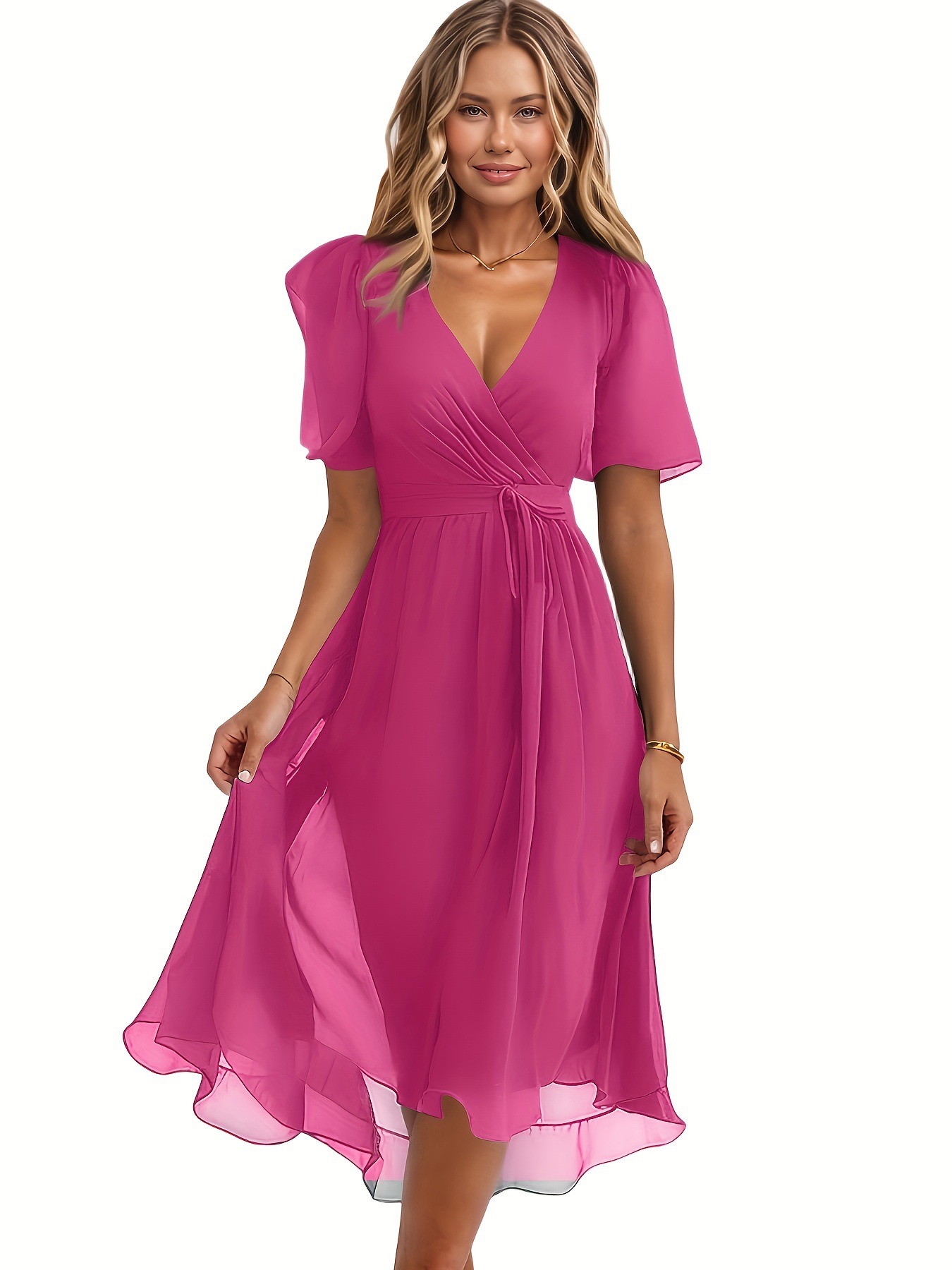 Women's Casual Fashion Solid Color V Neck Waist Lace-Up A-Line Zipper Dress European And