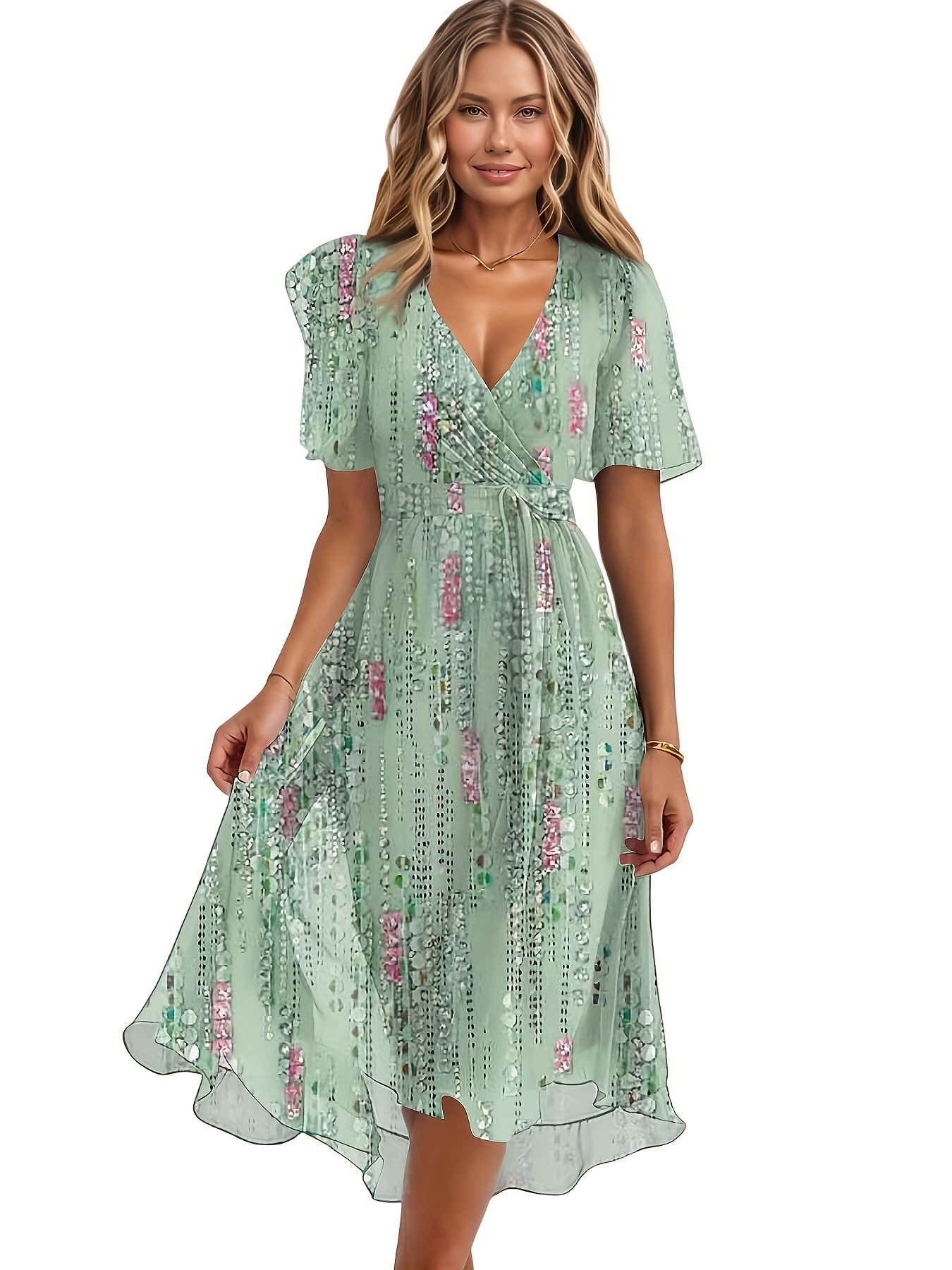 Women's Casual Fashion Solid Color V Neck Waist Lace-Up A-Line Zipper Dress European And