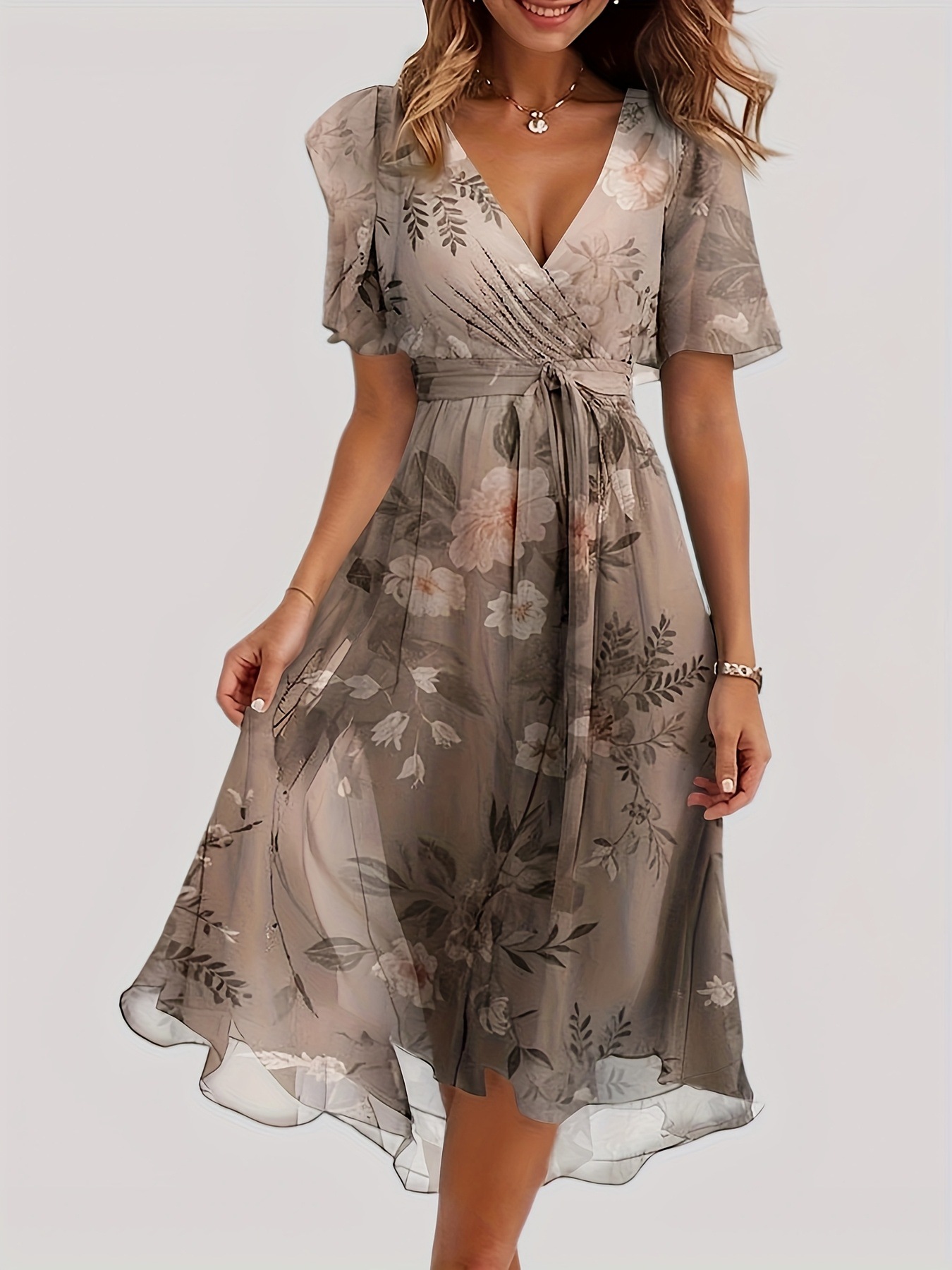 Women's Casual Fashion Solid Color V Neck Waist Lace-Up A-Line Zipper Dress European And