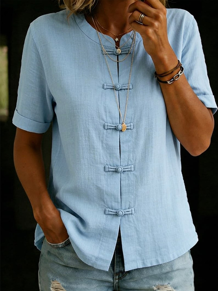 Women's Casual Loose-Fitting Fashionable Solid-Color Short-Sleeve Top
