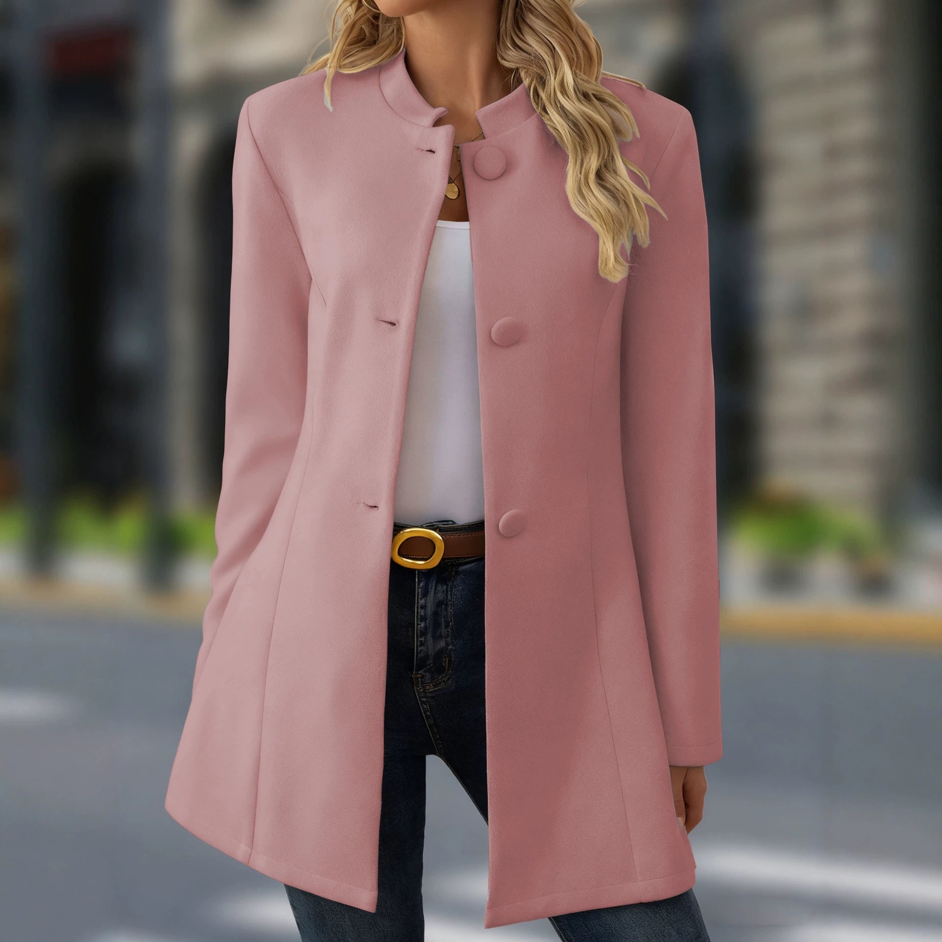 Women's Casual Stand Collar Mid Length Woolen Coat Versatile