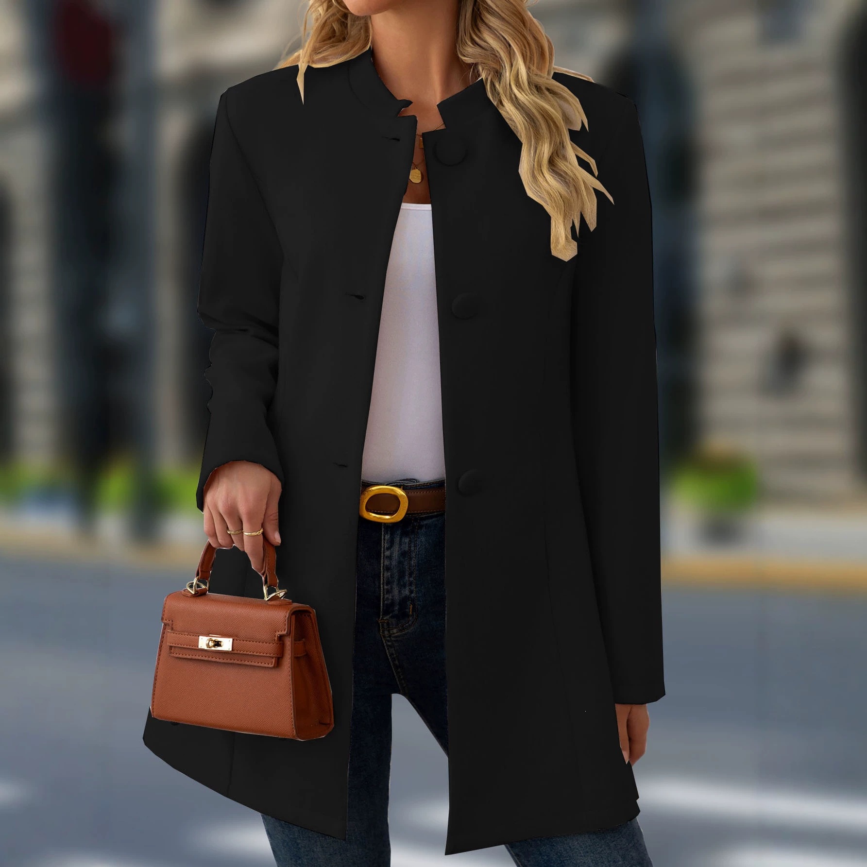 Women's Casual Stand Collar Mid Length Woolen Coat Versatile