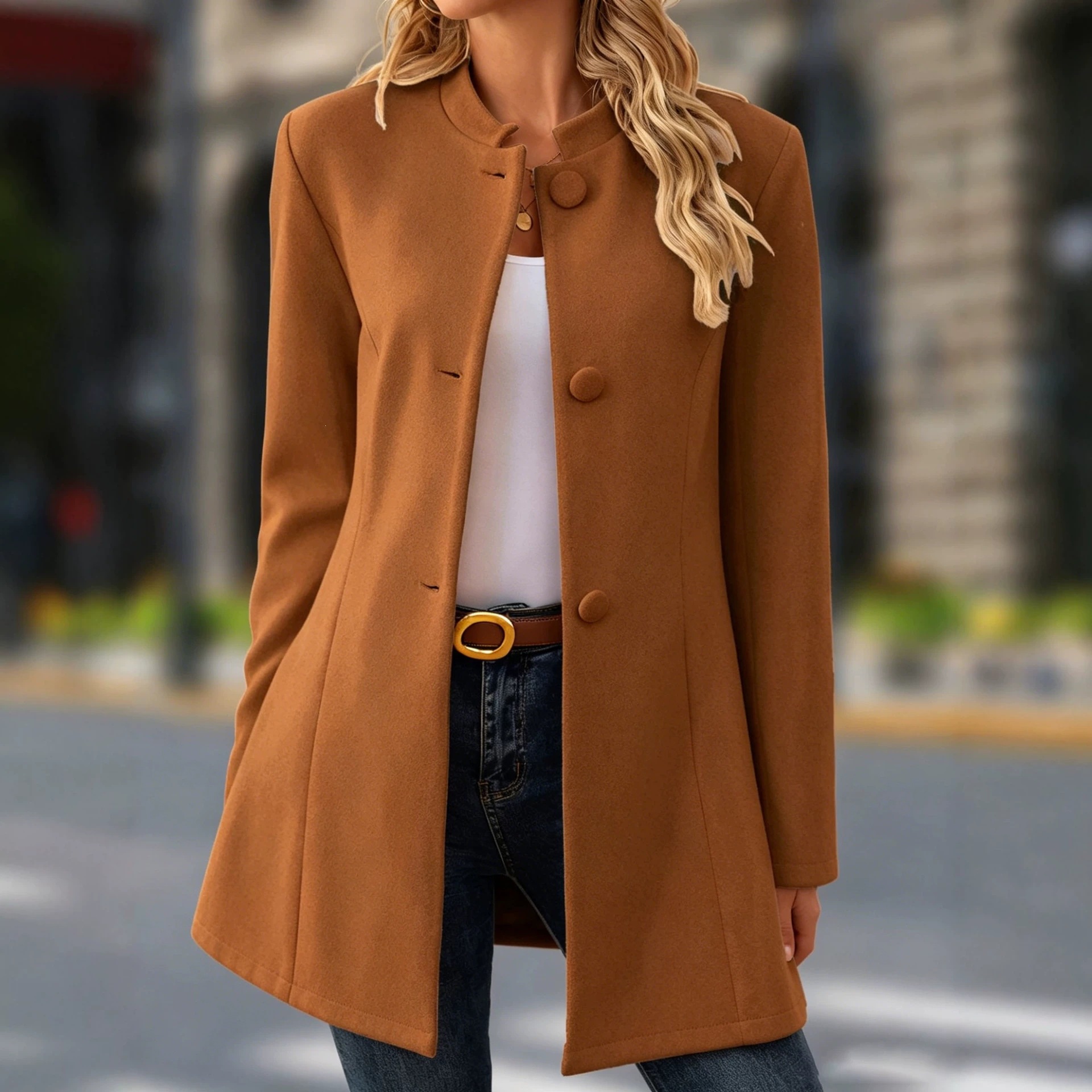 Women's Casual Stand Collar Mid Length Woolen Coat Versatile