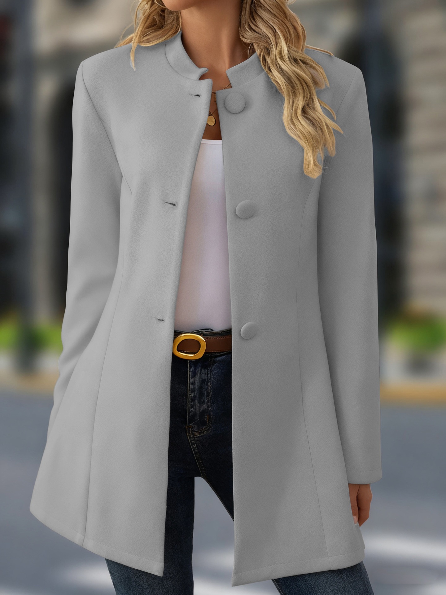 Women's Casual Stand Collar Mid Length Woolen Coat Versatile